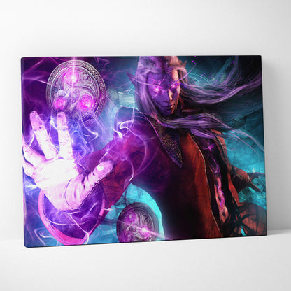Arcane dark elf mage canvas art with vibrant purple and teal colors featuring glowing runes and ornate circular artifacts