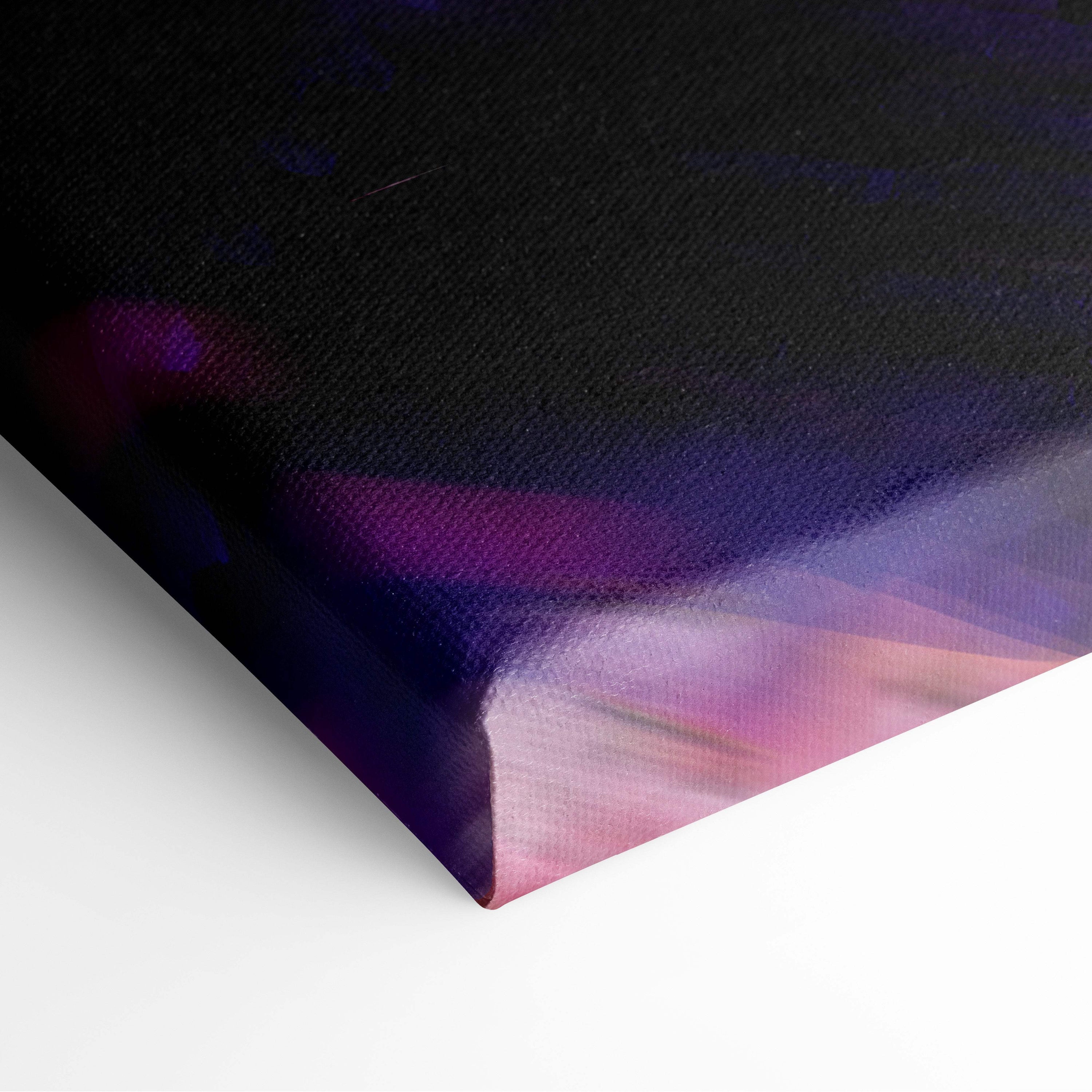 A canvas print featuring vibrant abstract purples and pinks in a moonlit ninja rooftop night scene design