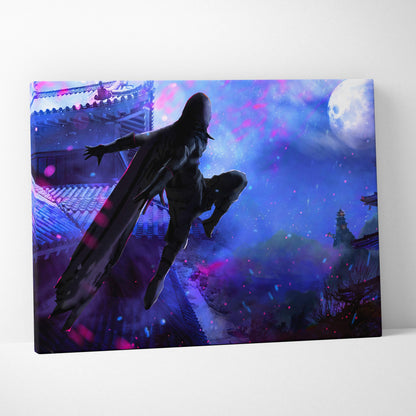 Moonlit ninja rooftop canvas art showing a hooded silhouette leaping across blue purple east asian rooftops