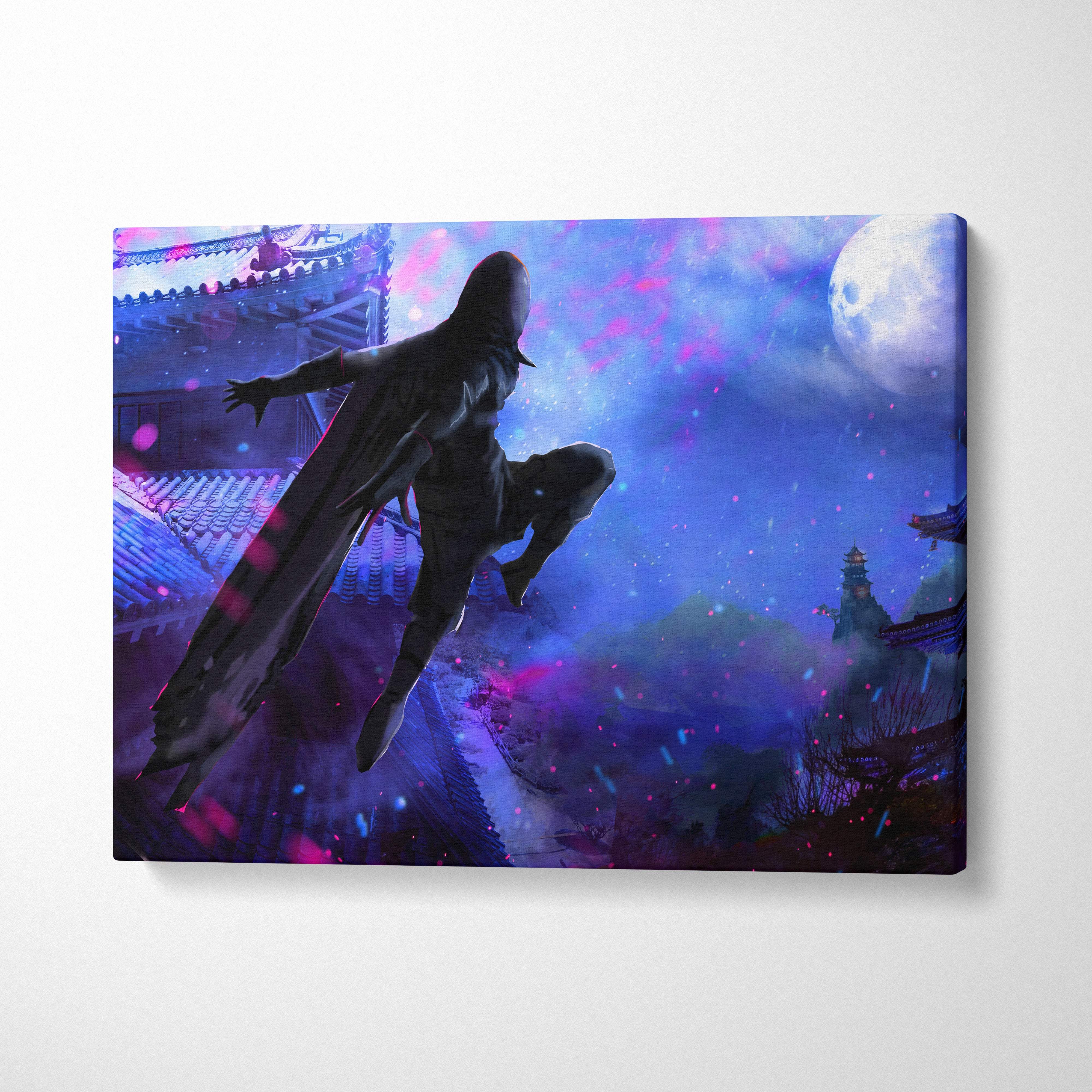 Moonlit ninja rooftop canvas art featuring a dark hooded silhouette over blue purple night sky and Japanese temple rooftops