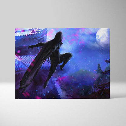 Vibrant digital canvas art of a ninja silhouette leaping against a purple blue night sky with east asian rooftops and full moon