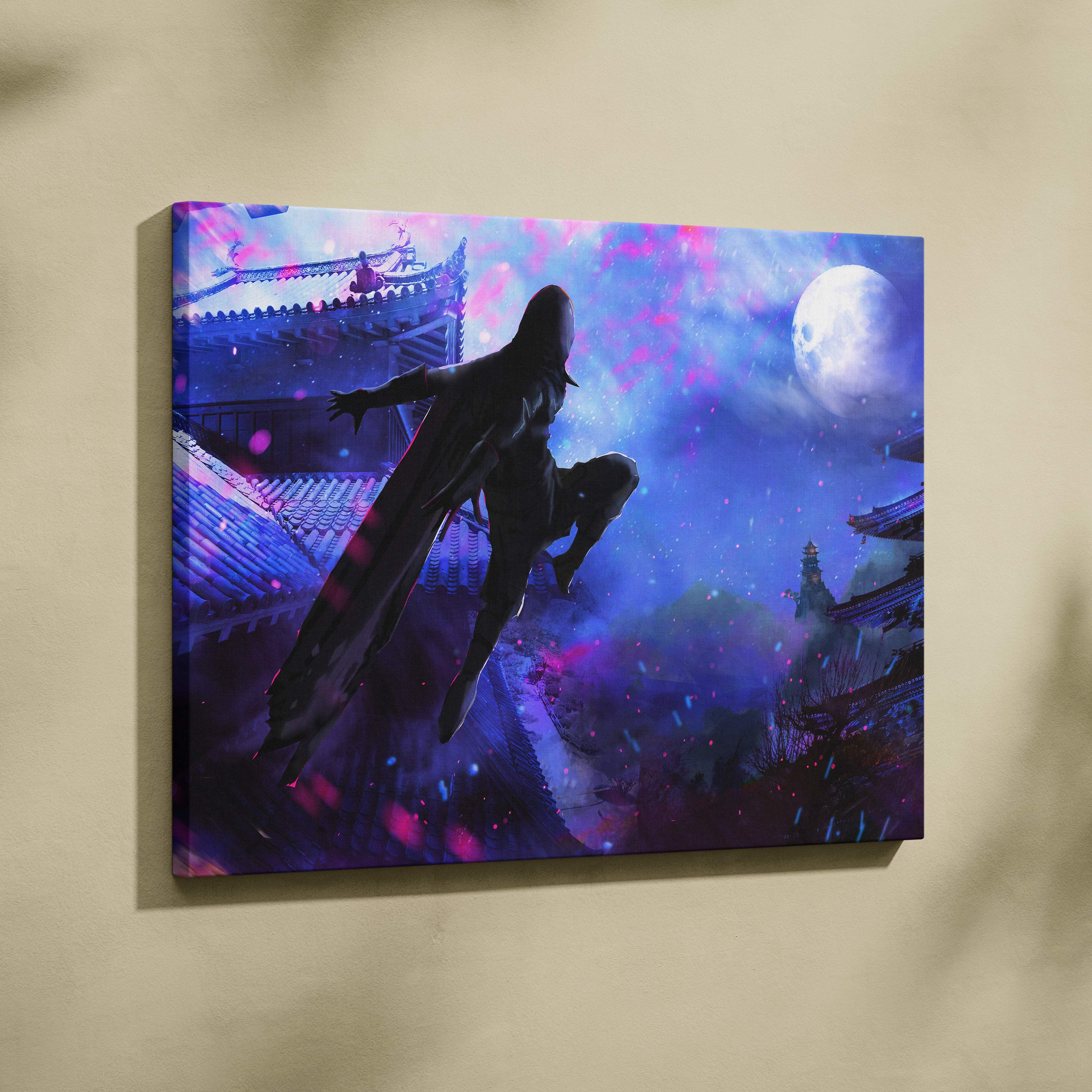 Vibrant purple and pink neon canvas print of a silhouetted ninja leaping over japanese temple under glowing moon