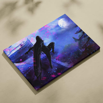 A vibrant rectangular canvas print showing a dark ninja silhouette against a dreamy purple blue sky with a full moon