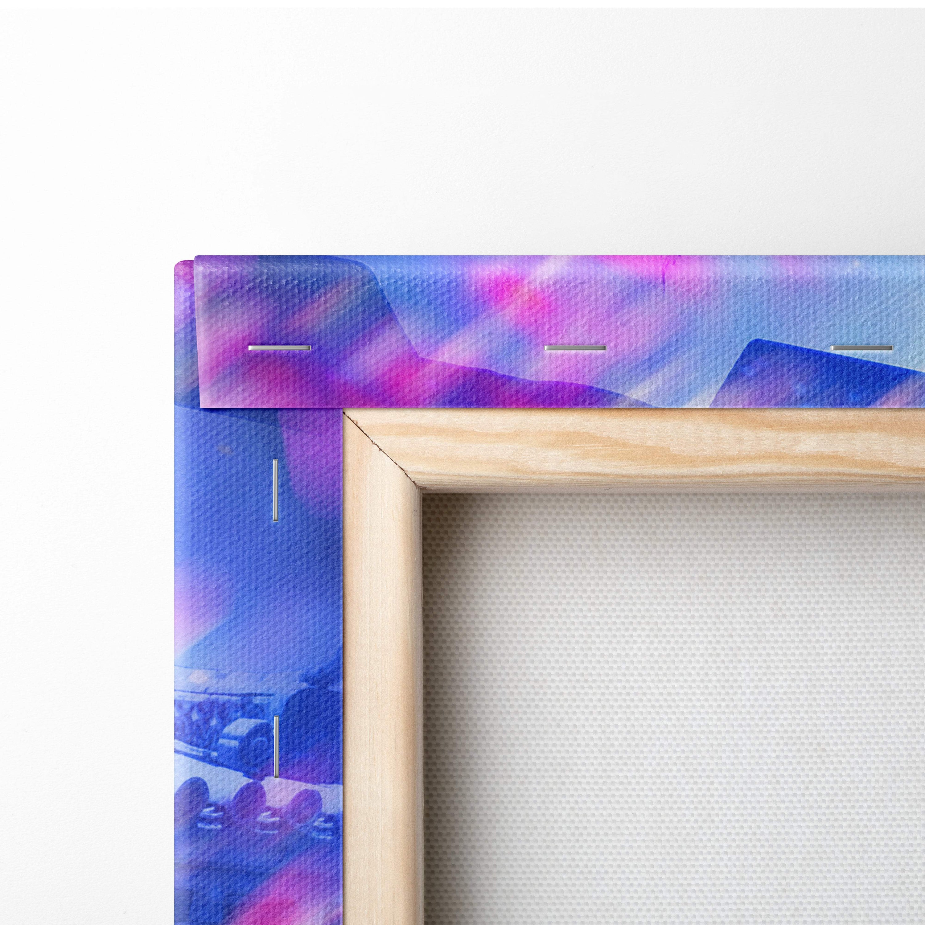A wooden frame with vibrant purple and pink abstract landscape on canvas backing featuring moonlit japanese temple design