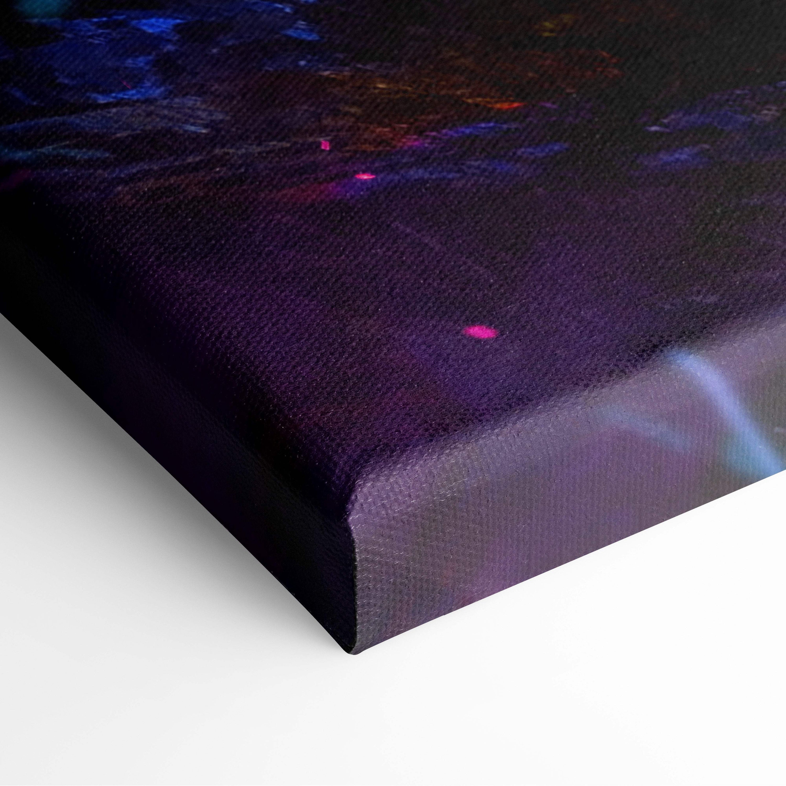 Moonlit Japanese temple canvas wall art with vibrant swirling purple blue and pink cosmic hues on dark background