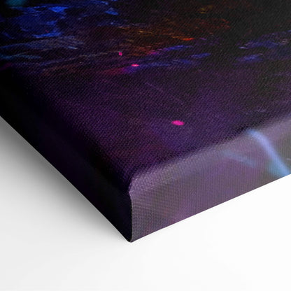 Moonlit Japanese temple canvas wall art with vibrant swirling purple blue and pink cosmic hues on dark background