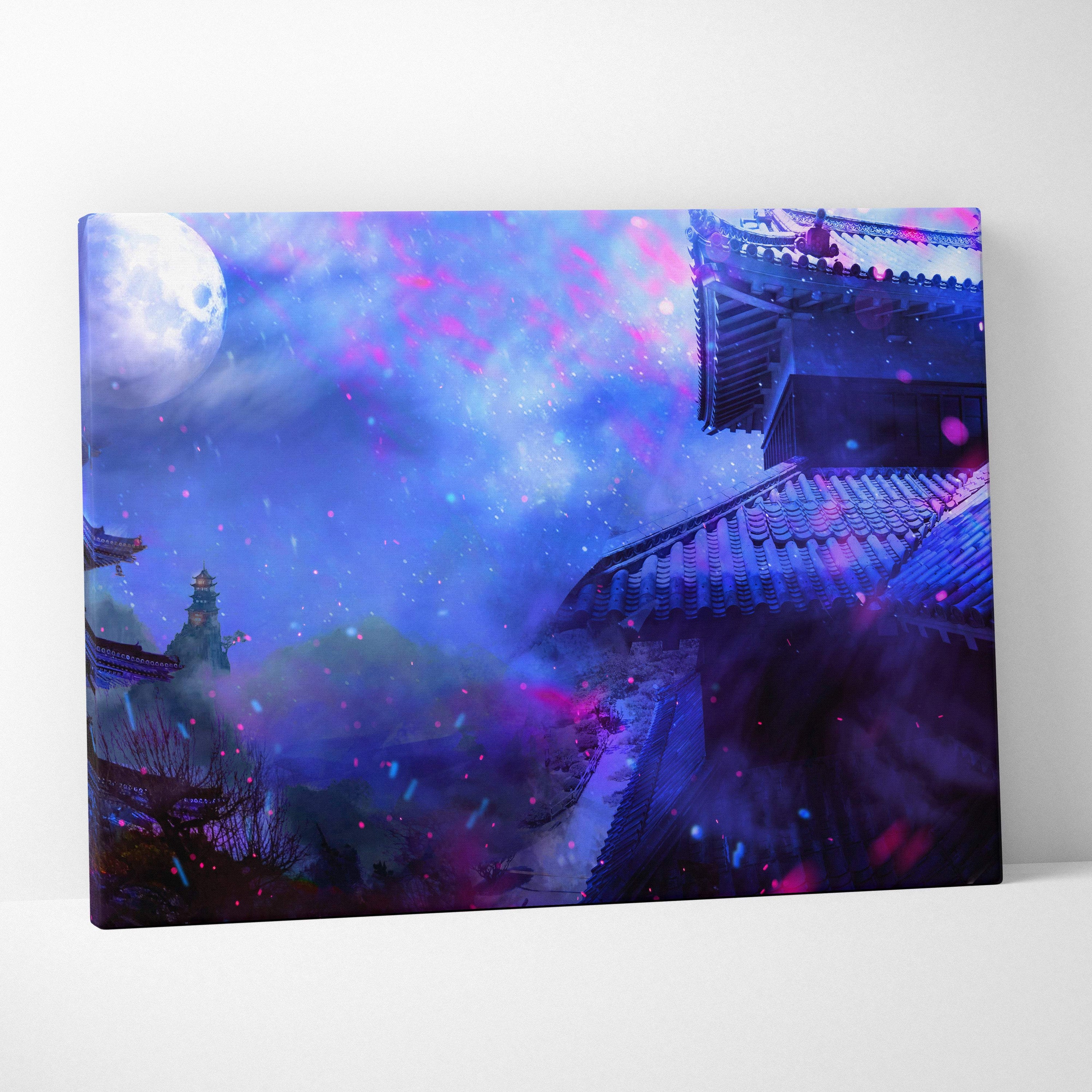 Rectangular canvas print of a moonlit japanese temple with neon blue and purple sky and full moon fantasy landscape