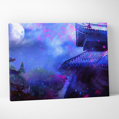Rectangular canvas print of a moonlit japanese temple with neon blue and purple sky and full moon fantasy landscape