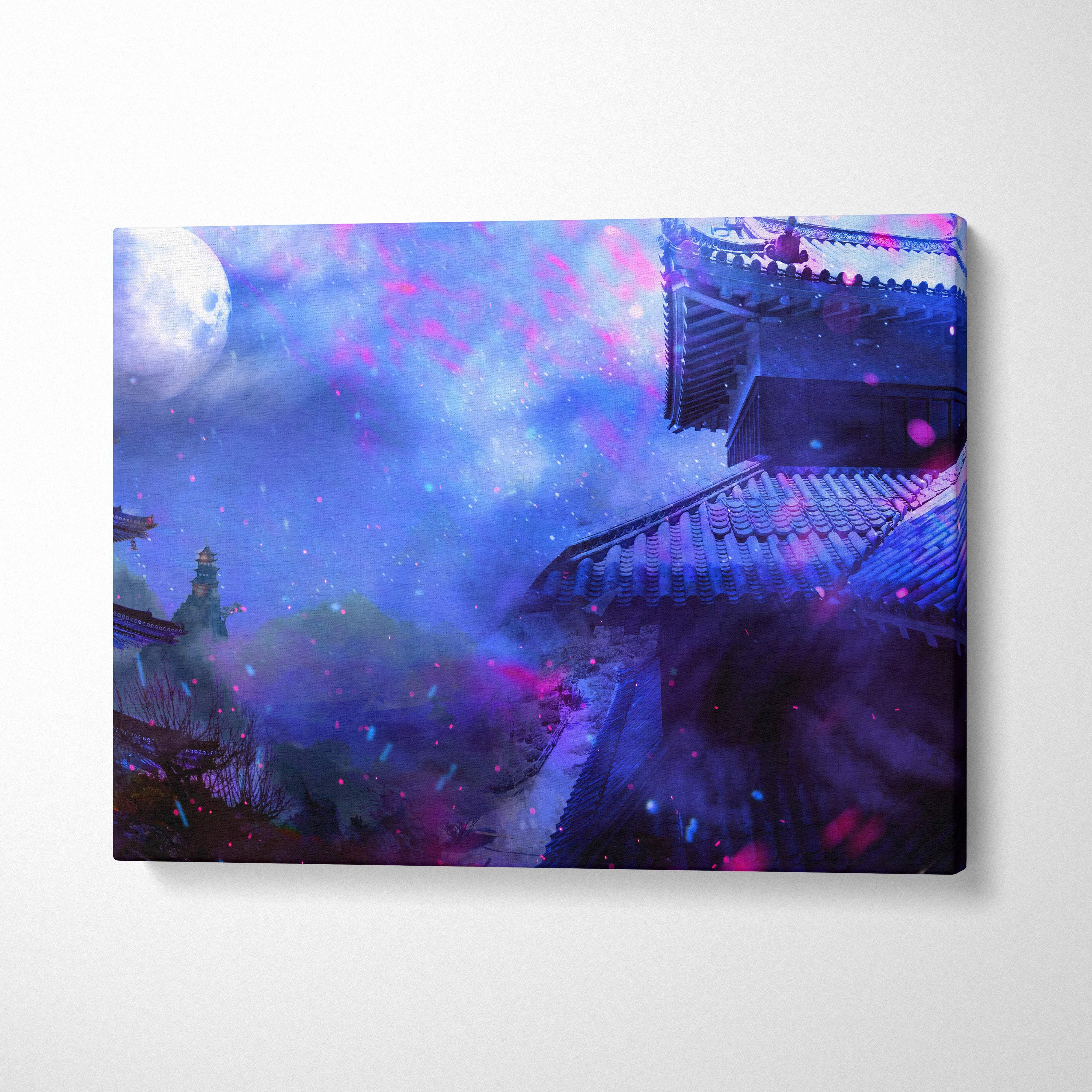 A vibrant canvas print of a moonlit japanese temple in blue and purple hues with cosmic particle effects
