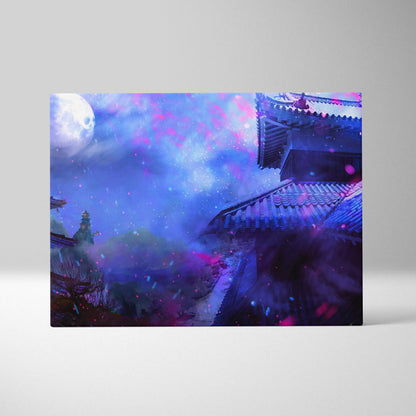 A rectangular canvas print of a moonlit japanese temple with neon pink and blue night sky in a zen asia decor style