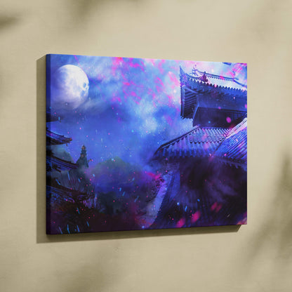 A vibrant digital canvas print of a mystical asian-style pagoda under a glowing moon in purple and pink hues