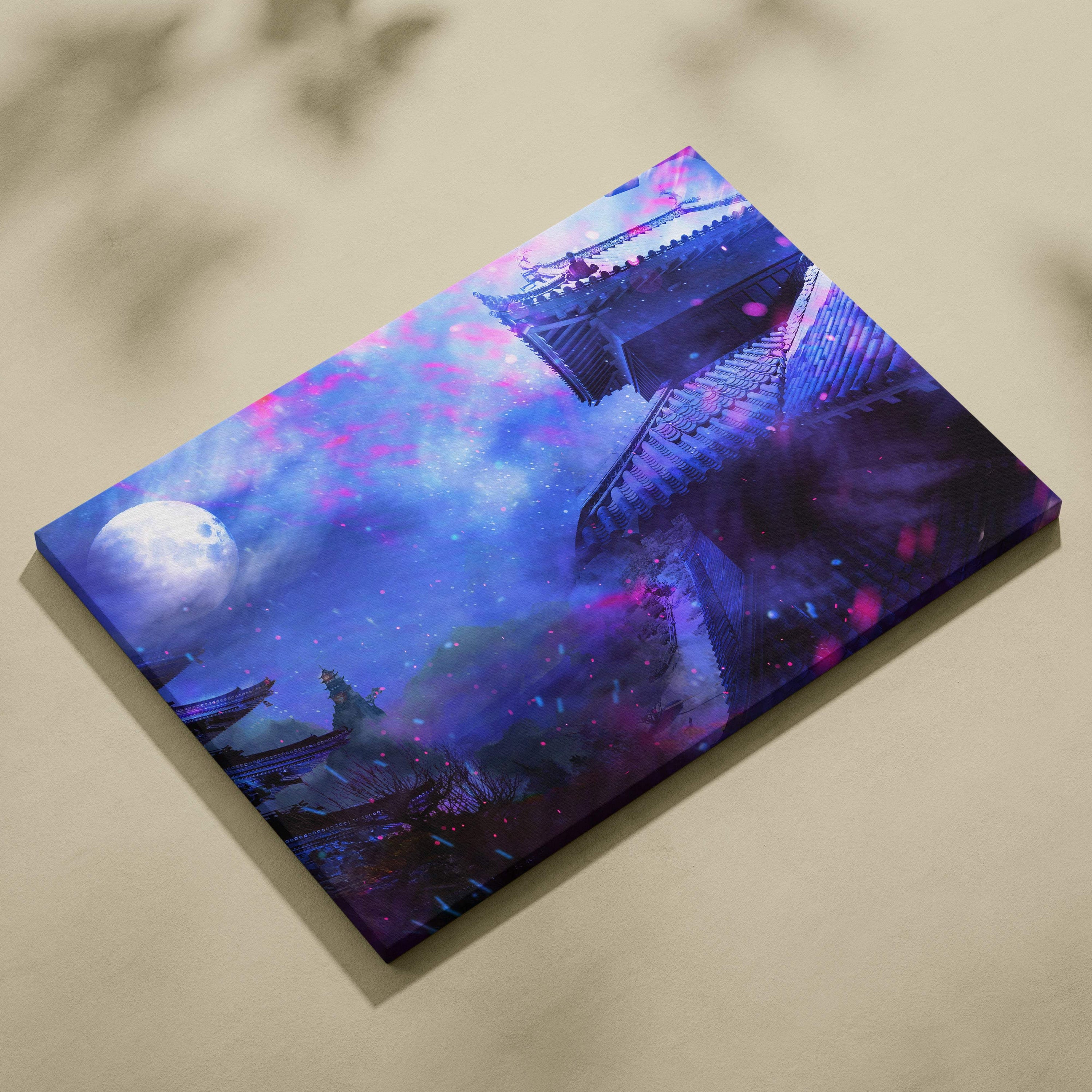 A rectangular canvas print of a moonlit japanese temple under a vibrant purple and blue cosmic night sky with floating particles