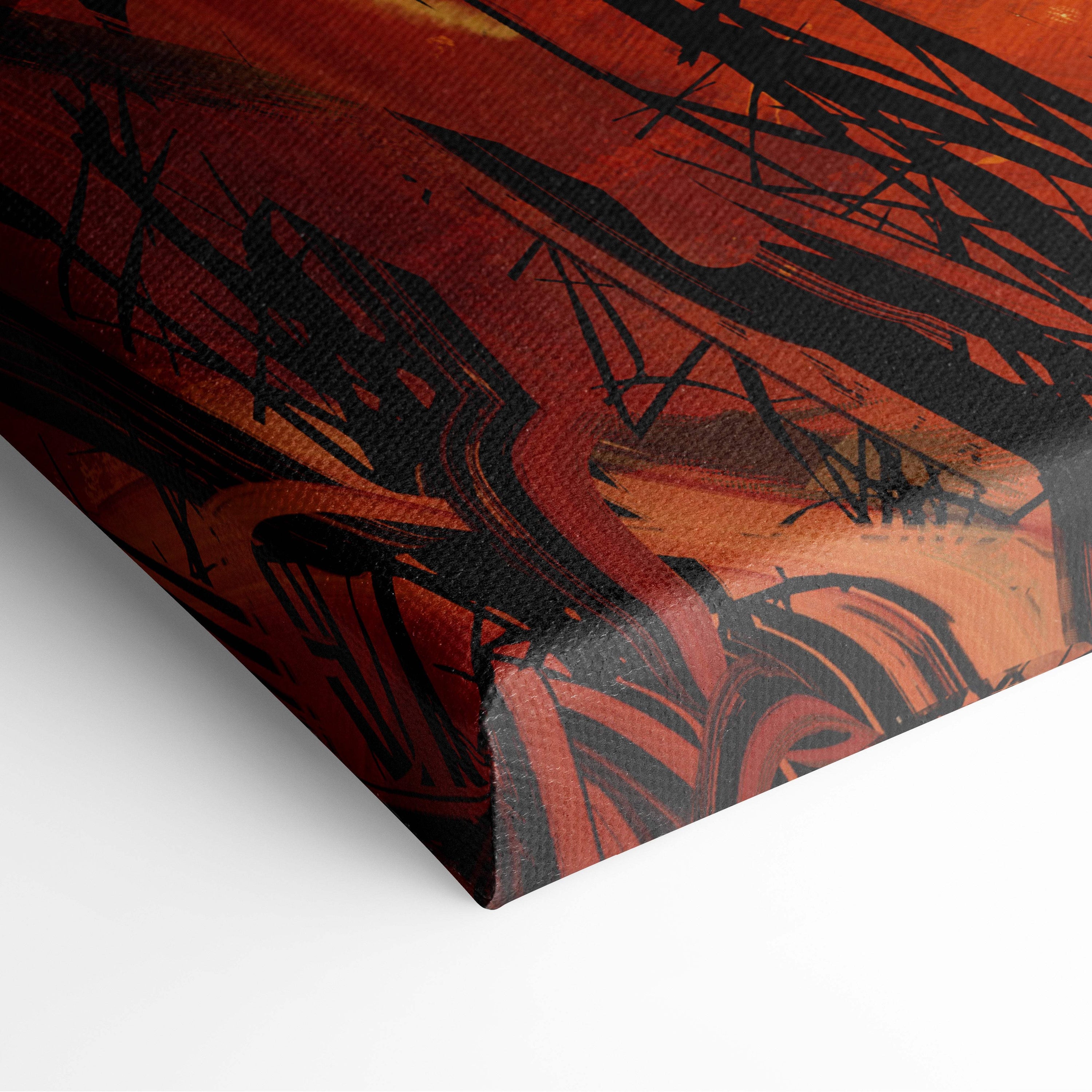 Fiery explosion silhouette canvas wall art with bold deep red and black abstract brushstrokes for fantasy decor