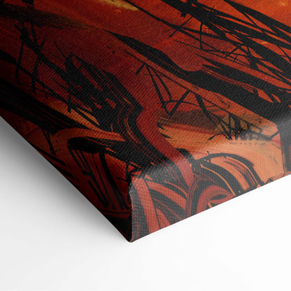 Fiery explosion silhouette canvas wall art with bold deep red and black abstract brushstrokes for fantasy decor