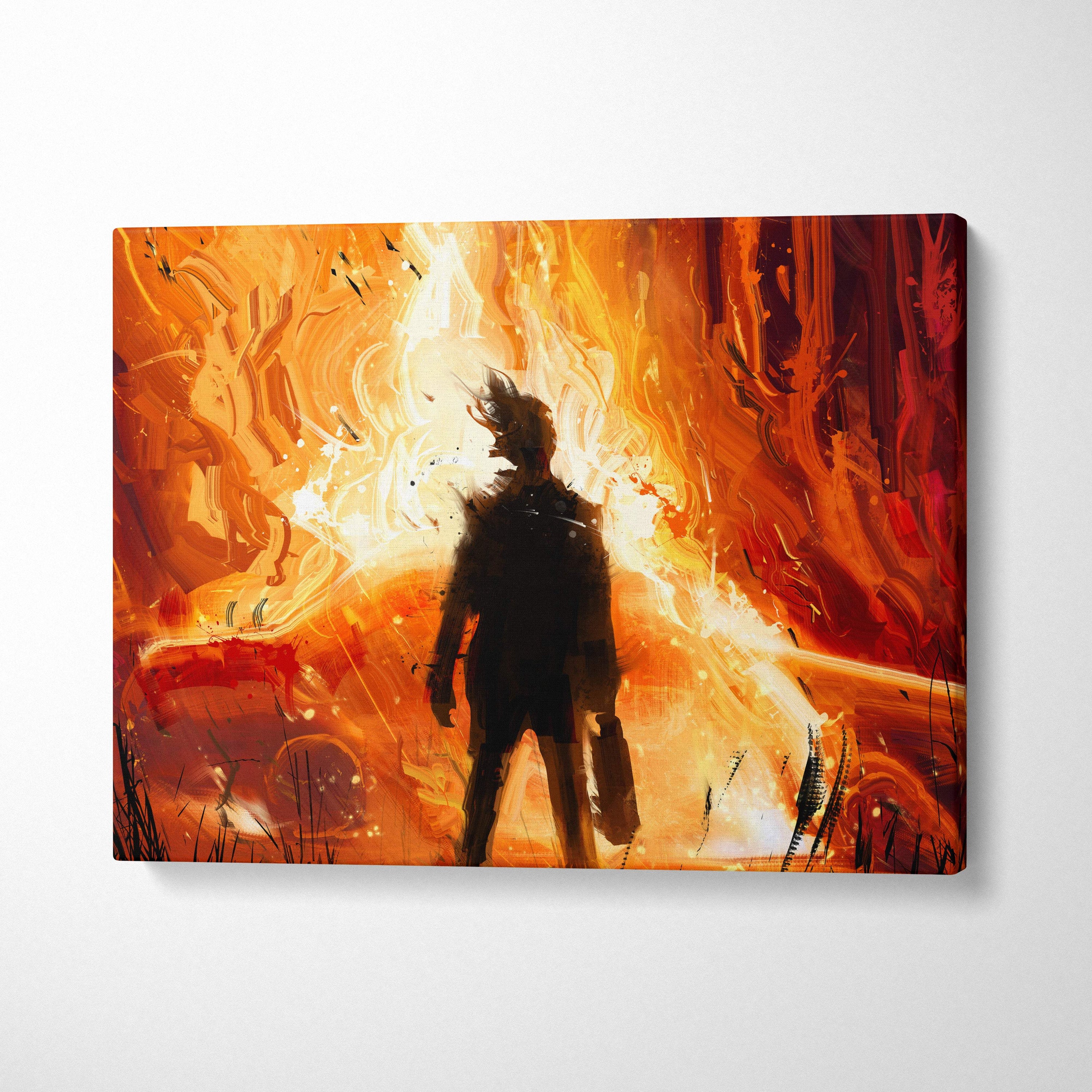 Fiery explosion silhouette canvas wall art featuring a vibrant orange and red abstract painting with a dark hero figure