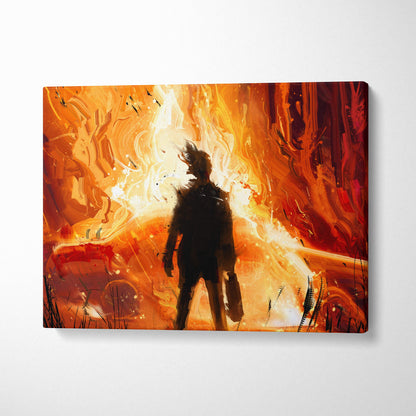 Fiery explosion silhouette canvas wall art featuring a vibrant orange and red abstract painting with a dark hero figure