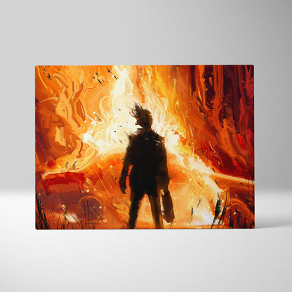 Fiery explosion silhouette canvas wall art with vibrant orange and red abstract flames and a dark hero figure design