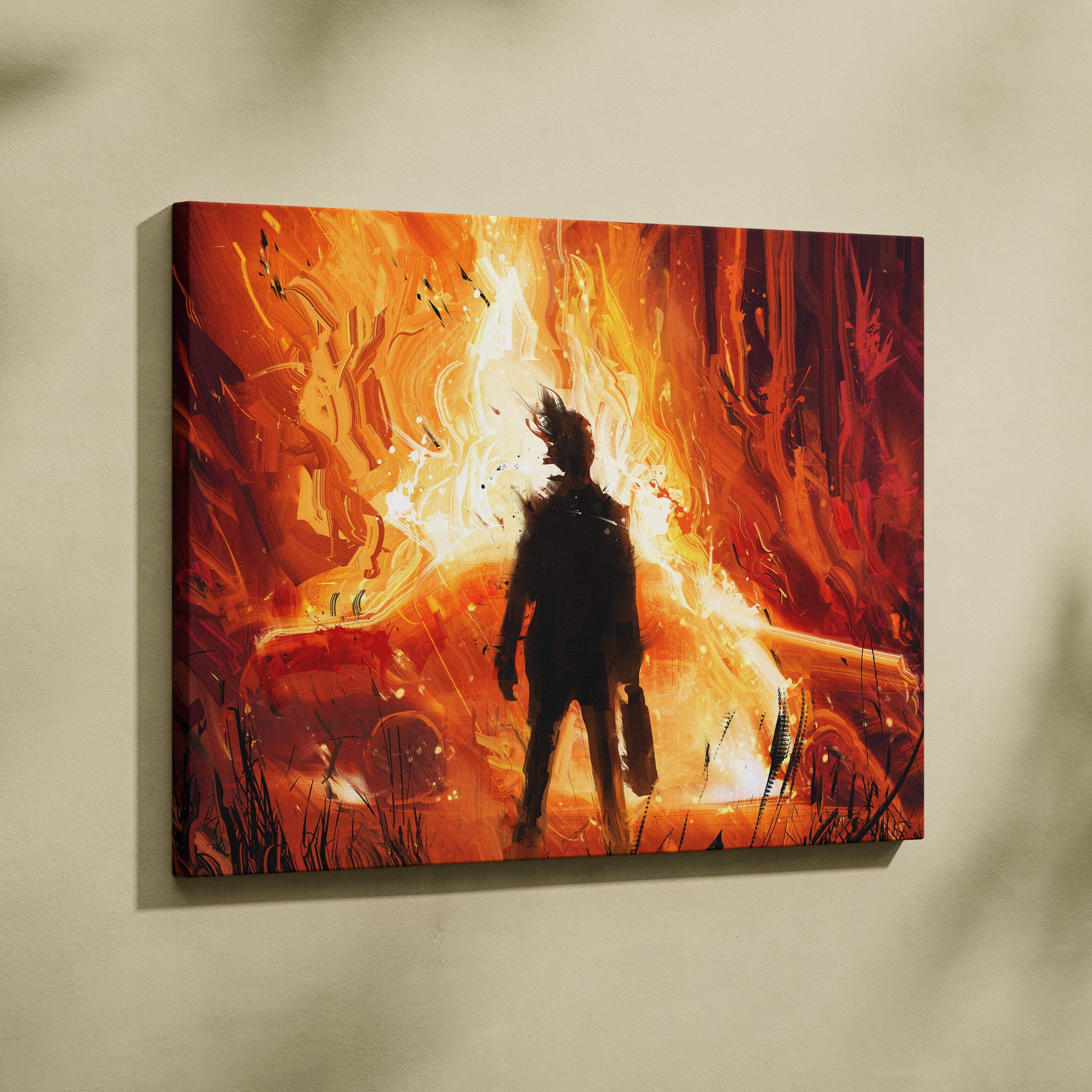 Fiery explosion silhouette canvas wall art with vibrant orange and red abstract digital painting on canvas
