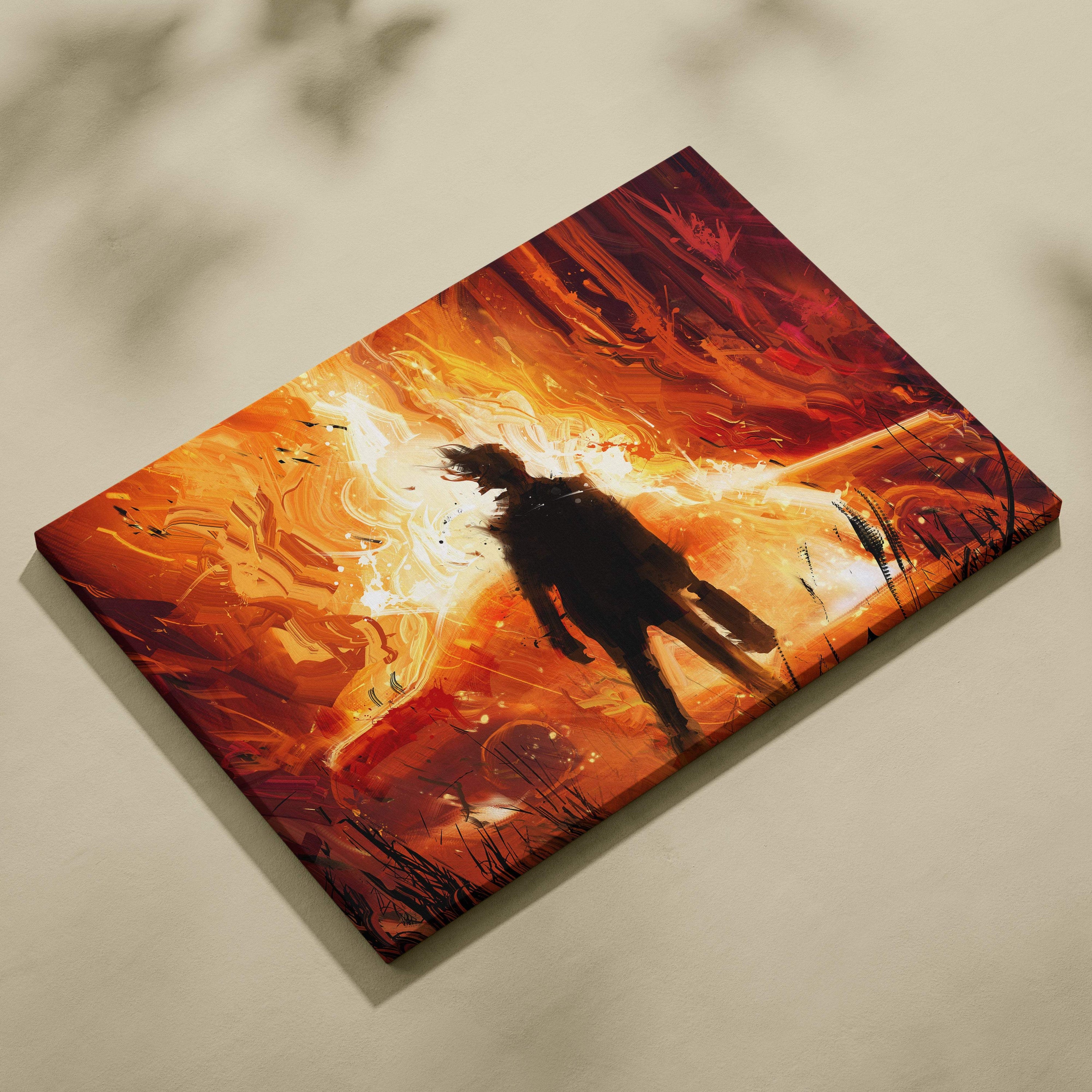 Fiery explosion silhouette canvas wall art featuring a dramatic figure against vibrant orange and red abstract flames