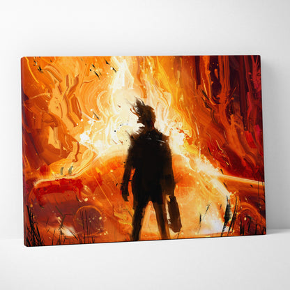 Fiery explosion silhouette canvas wall art with vibrant orange and red abstract flames and a dark hero figure