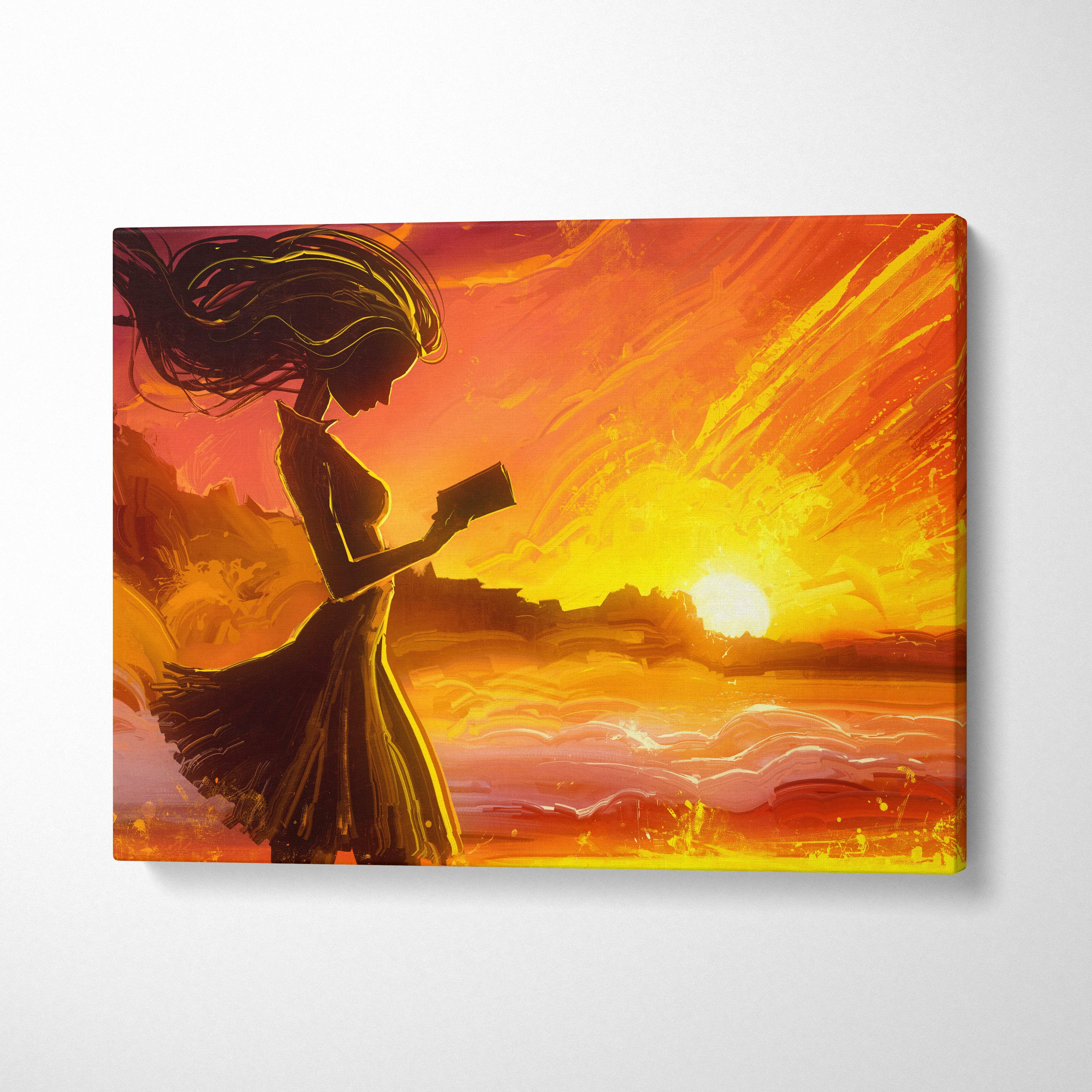 Golden sunset reading silhouette canvas wall art with vibrant orange and yellow sky and serene woman figure