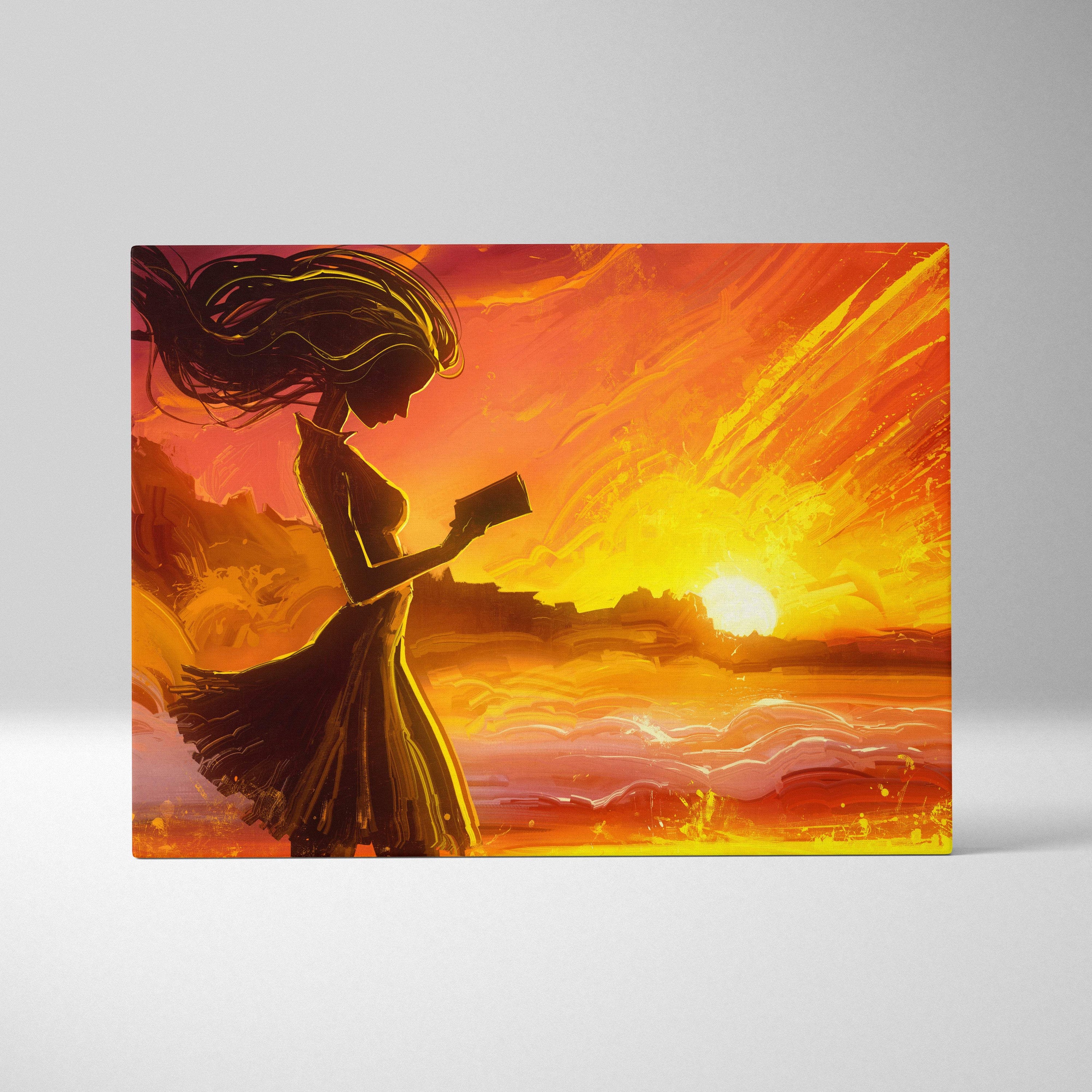 Golden sunset reading silhouette canvas wall art with vibrant orange yellow sky and woman holding a book