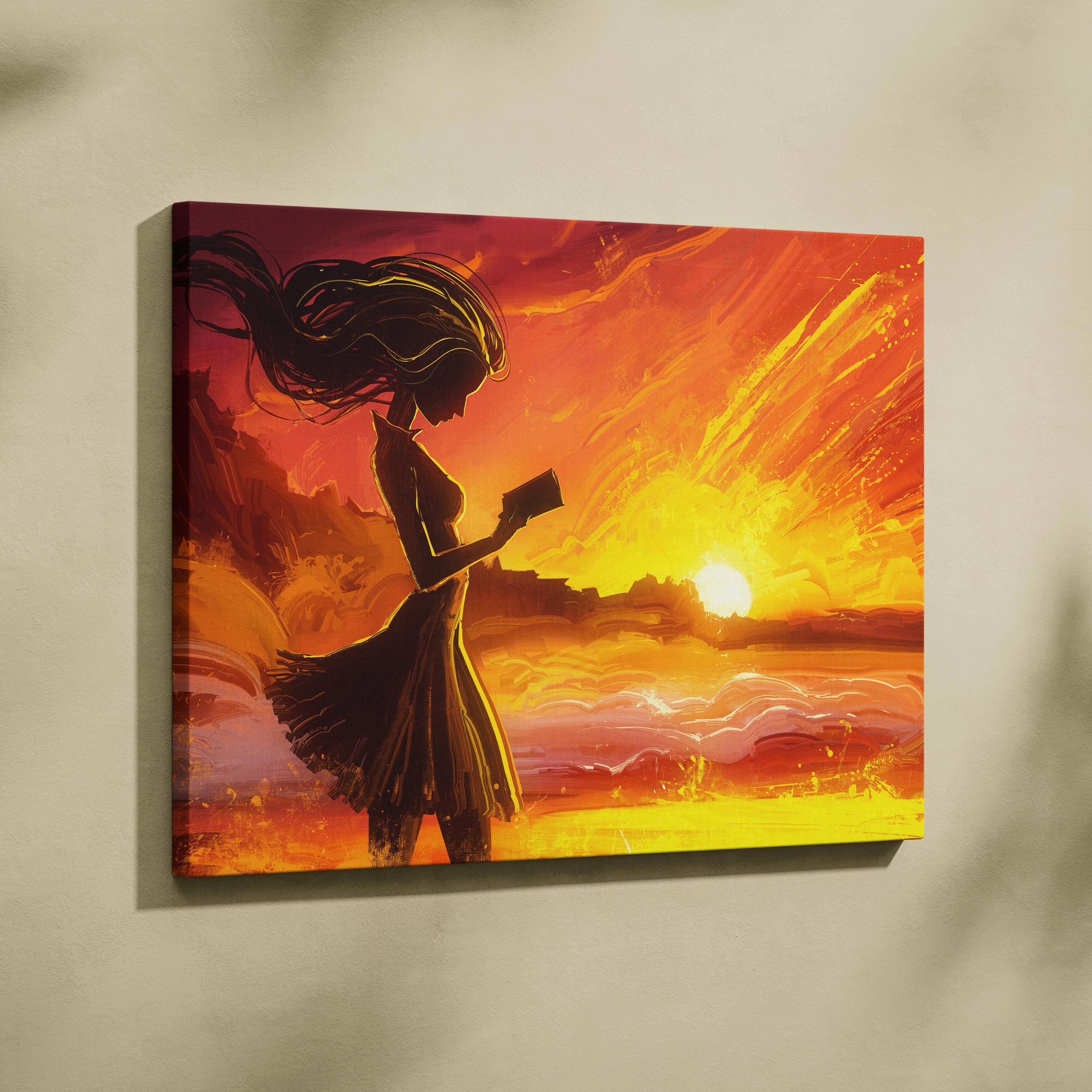 Vibrant canvas wall art featuring a silhouette of a woman with flowing hair against a warm orange yellow sunset sky