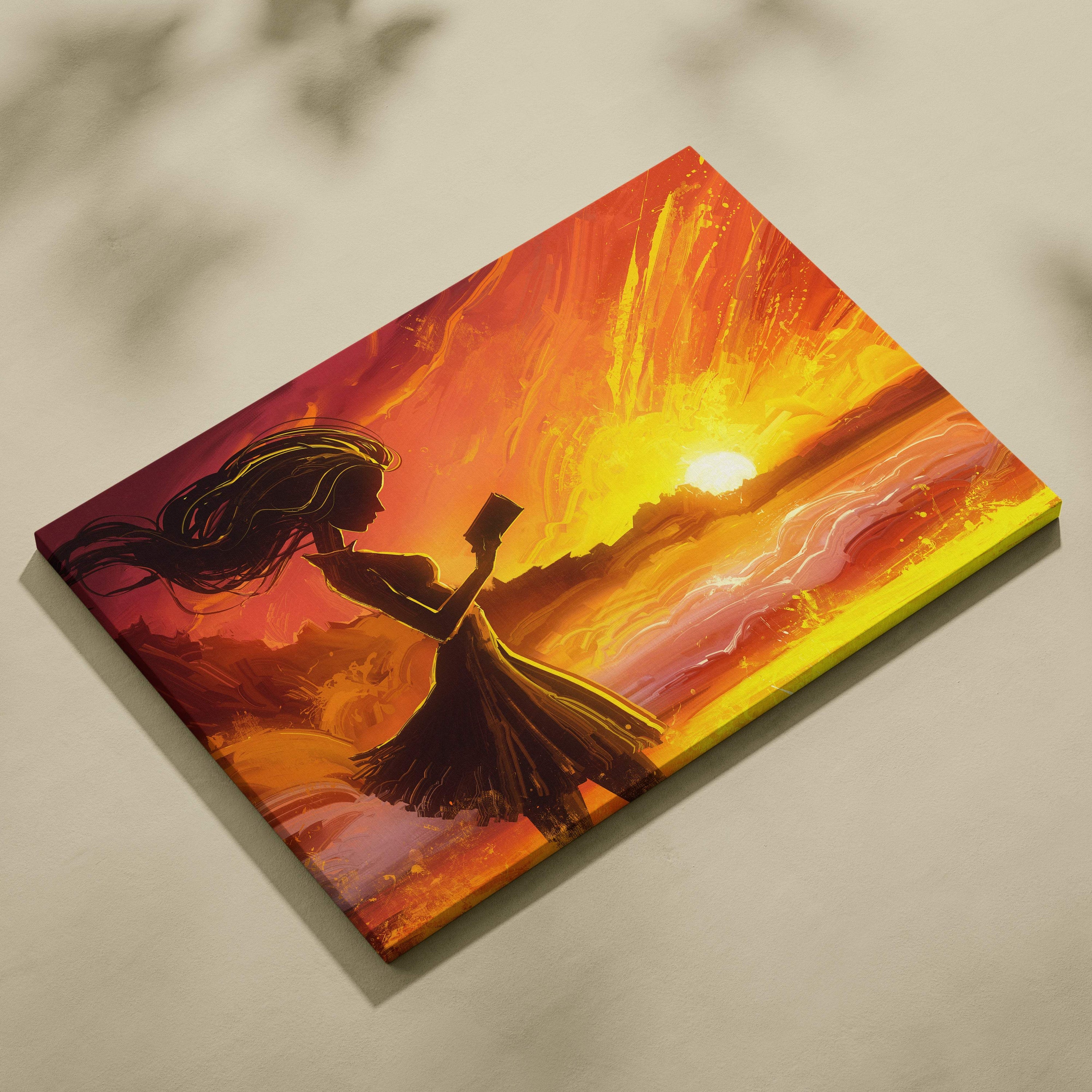 Vibrant golden sunset reading silhouette canvas wall art with a serene woman figure against warm orange yellow sky