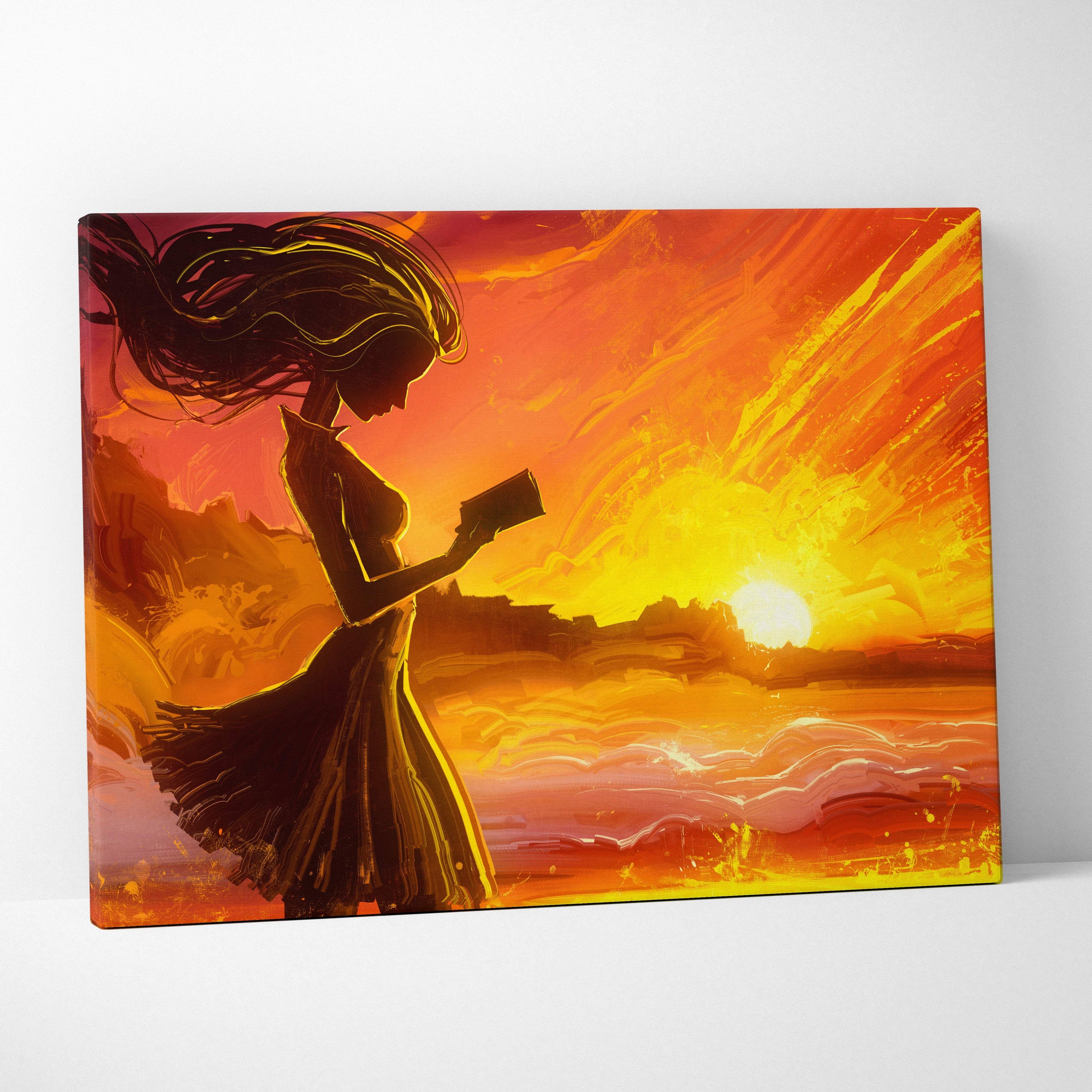 Golden sunset reading silhouette canvas wall art featuring a woman silhouette with flowing hair against fiery orange sky