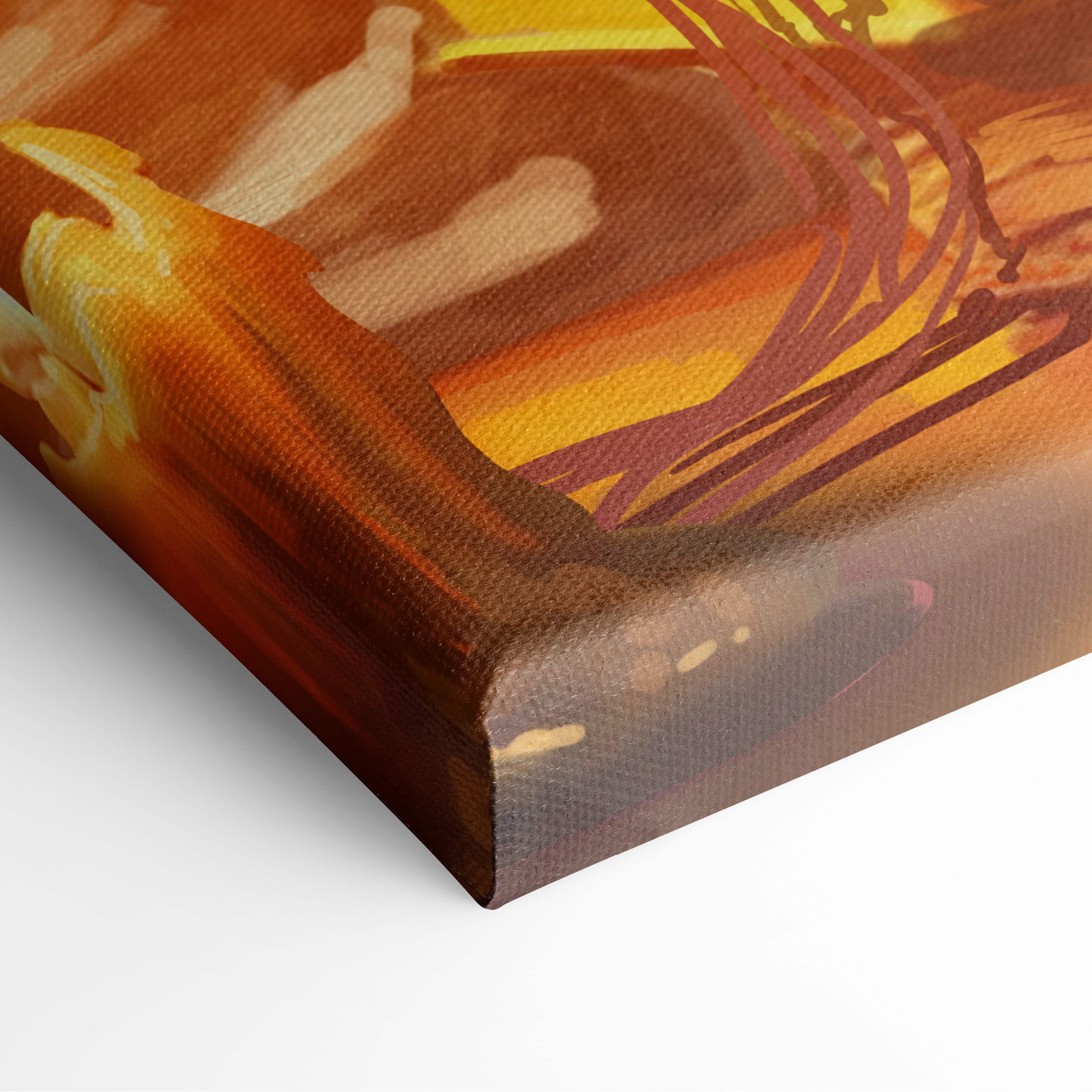 Textured canvas print of fantasy elf reading in cozy candlelight library with warm orange yellow and brown hues