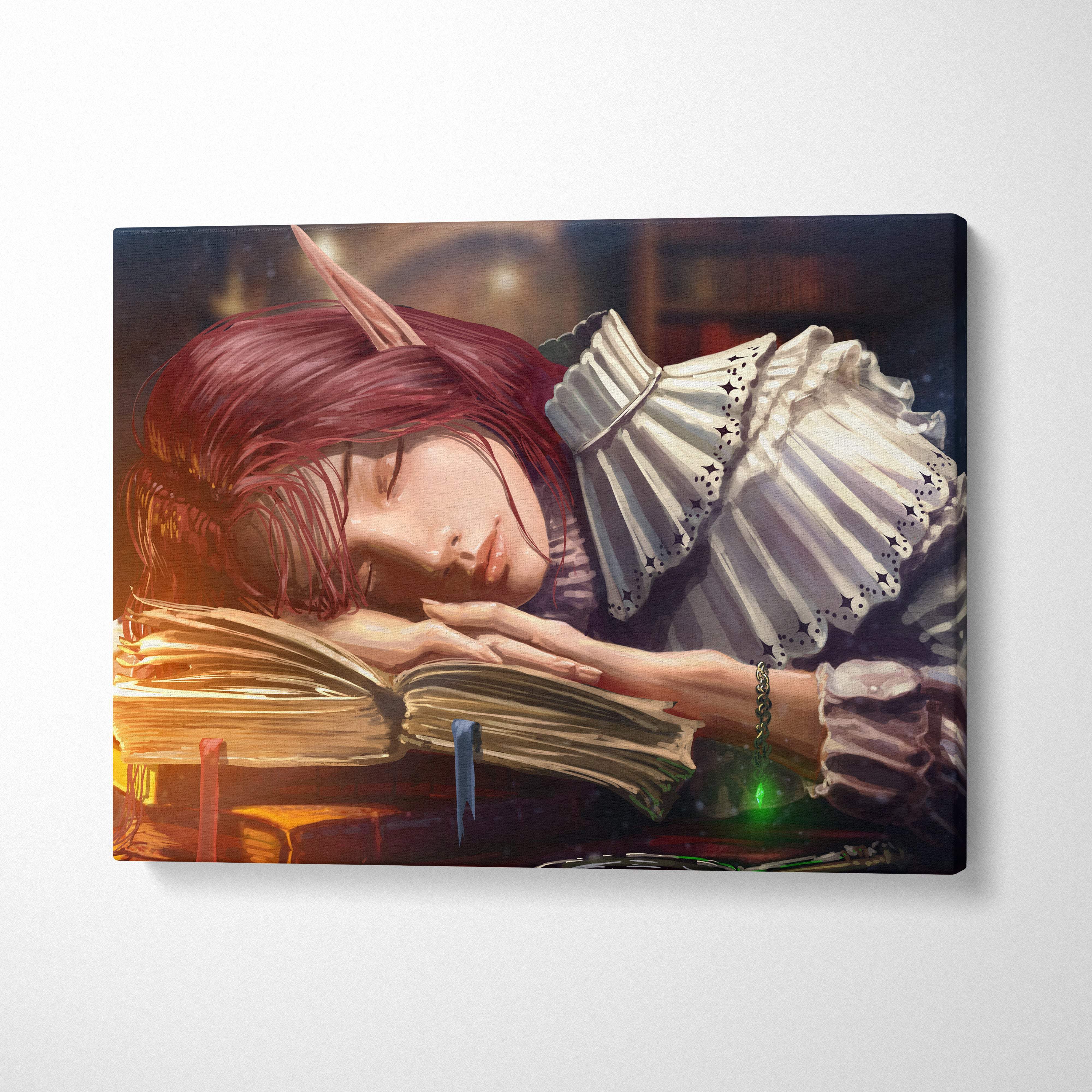 Fantasy elf reading canvas wall art with red hair elven girl resting on a book in cozy candlelight library scene