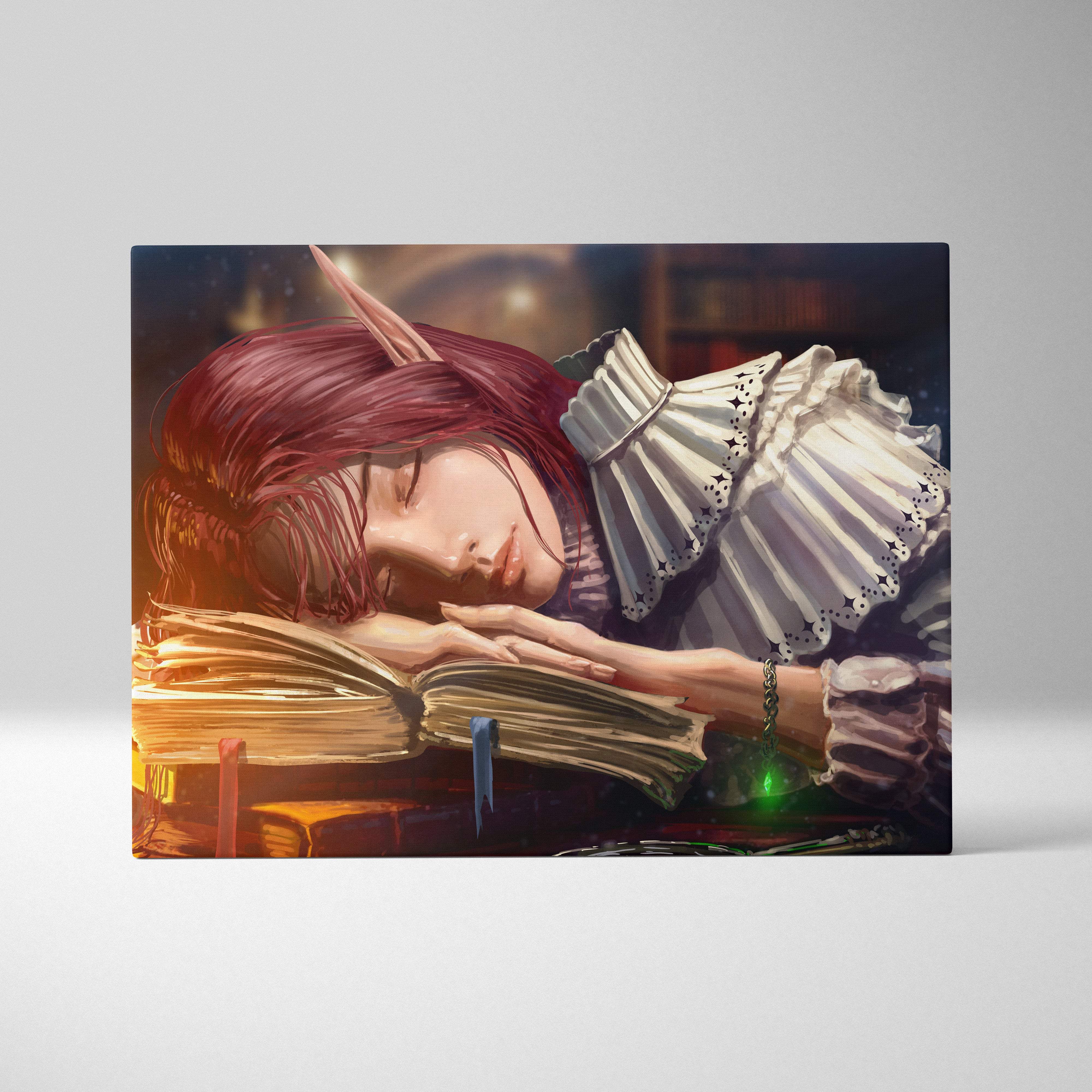Rectangular canvas print of a fantasy elf with red hair sleeping on books in a cozy candlelight library scene