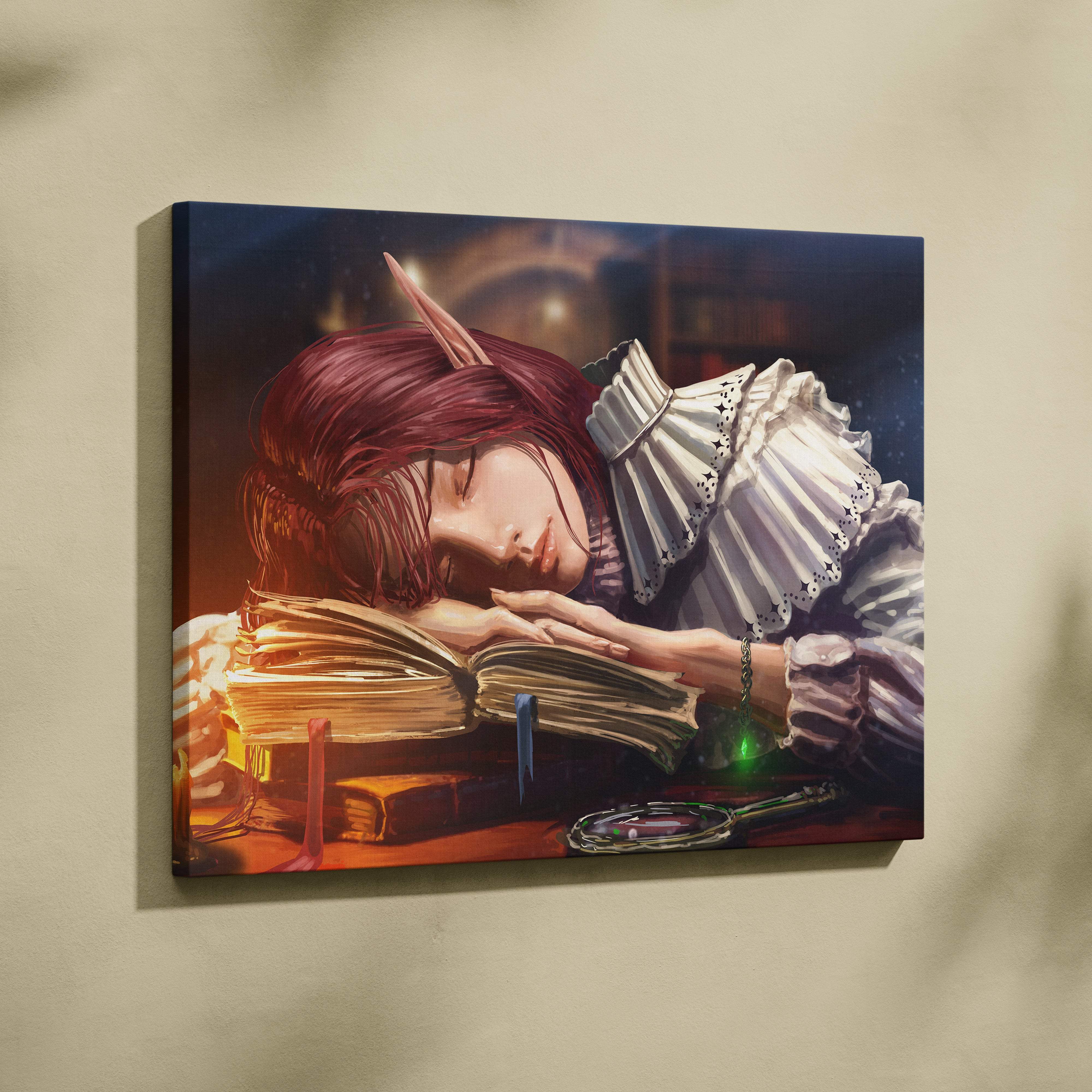Fantasy elf reading canvas wall art featuring a red hair elven girl sleeping on books in a cozy candlelight library scene