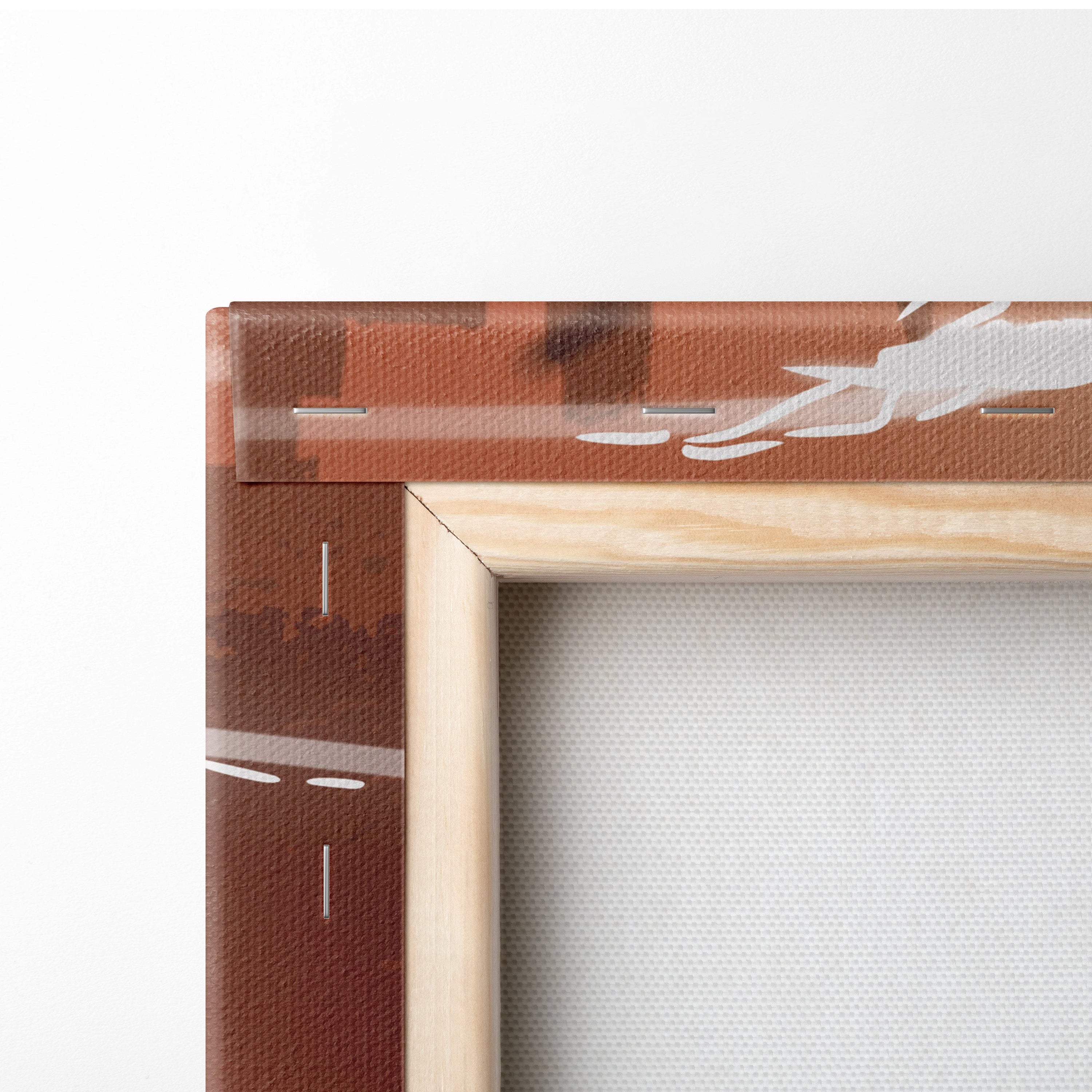 Light wood-framed canvas print featuring a brown and white abstract road design for wall art decor
