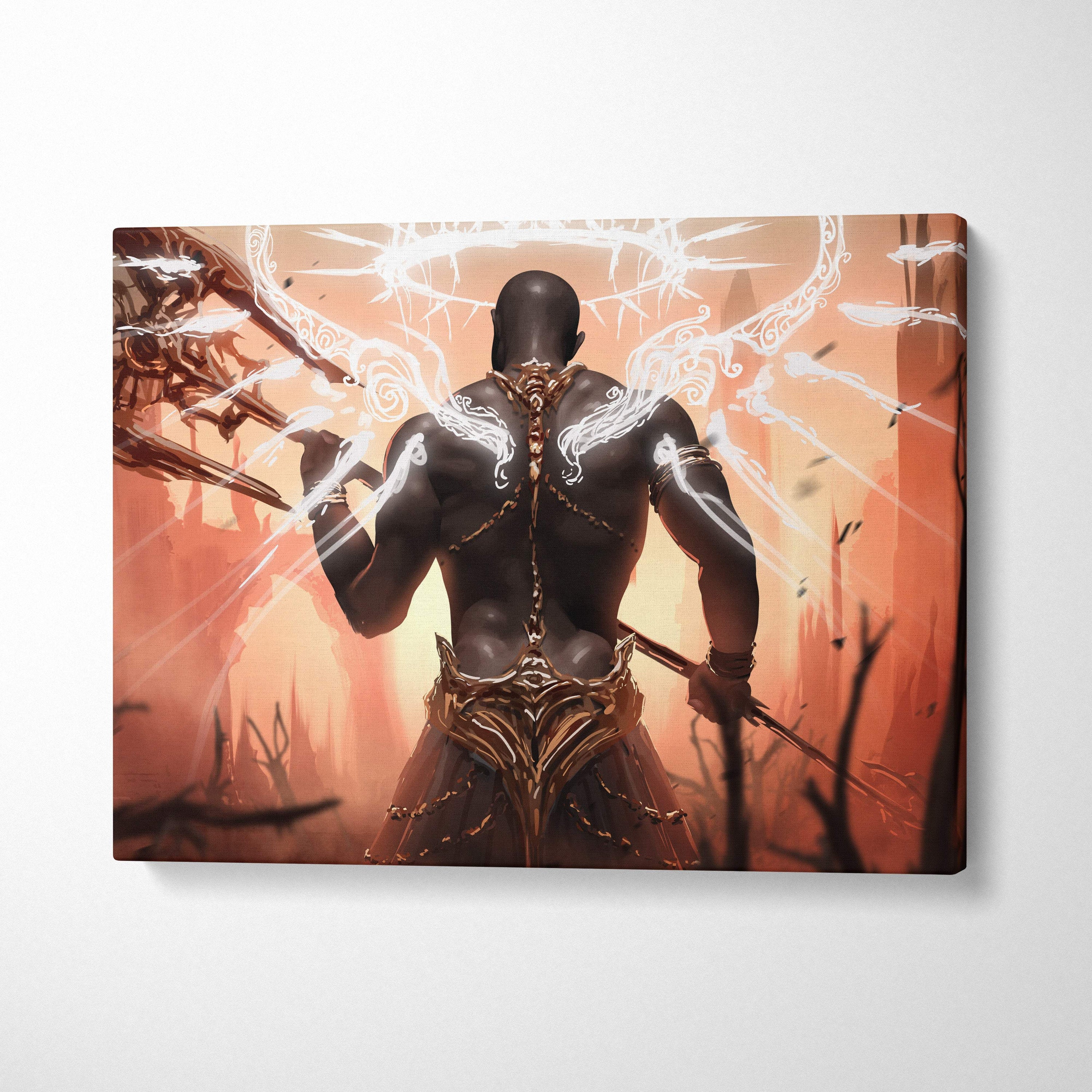 Dark angel warrior canvas wall art featuring a muscular dark-skinned warrior with glowing energy and gold armor