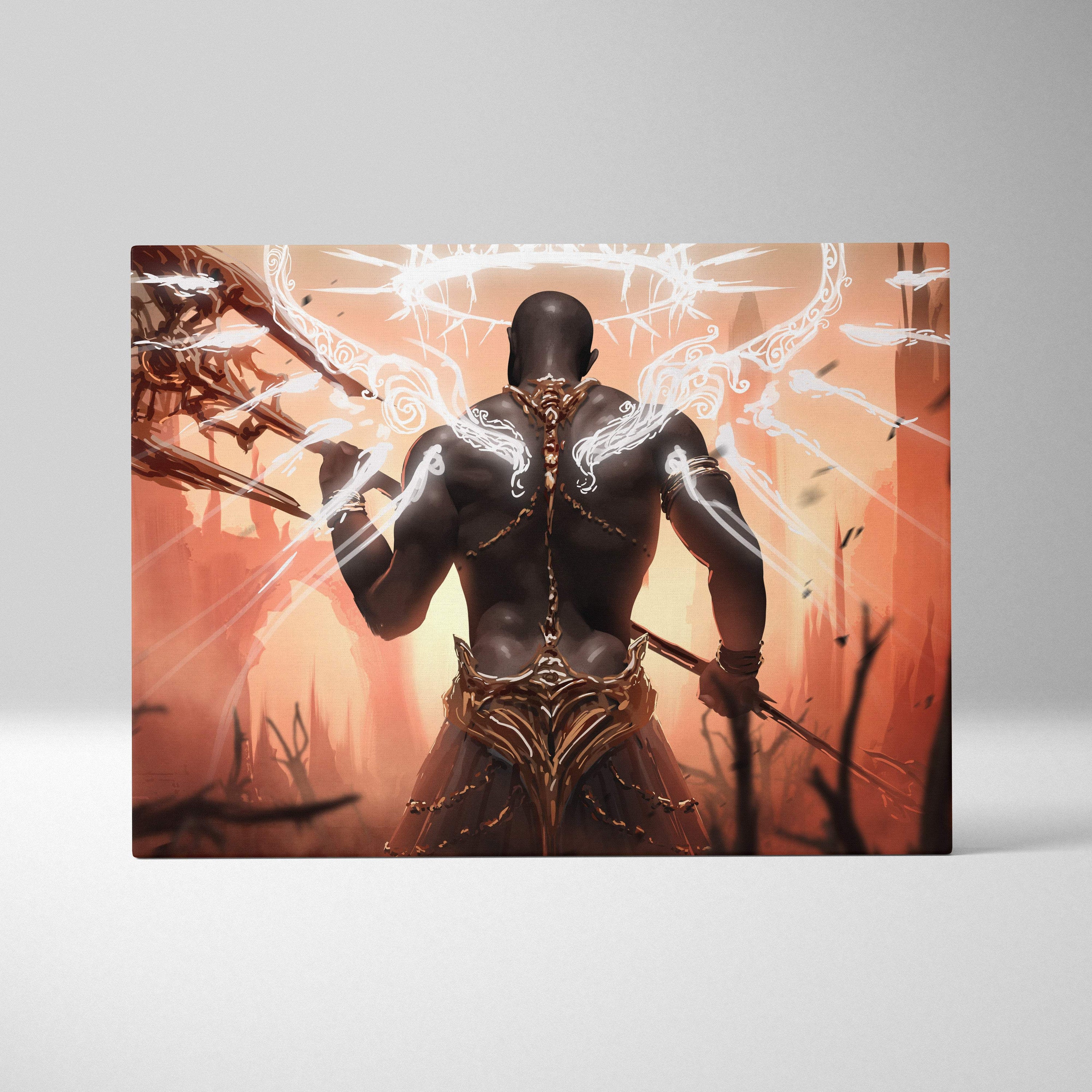 Dark angel warrior canvas wall art featuring a muscular figure with glowing white wings and golden armor in fiery orange sepia tones