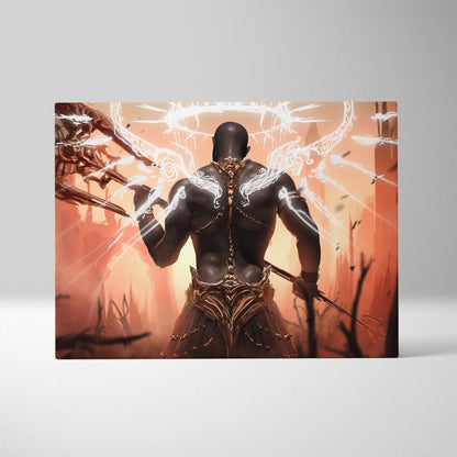 Dark angel warrior canvas wall art featuring a muscular figure with glowing white wings and golden armor in fiery orange sepia tones