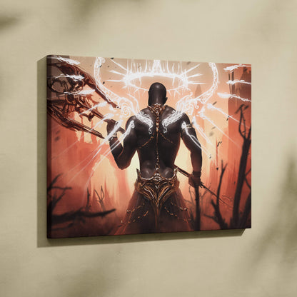 Dark angel warrior rectangular canvas wall art with glowing white wings and ornate weapons on fiery orange sepia background