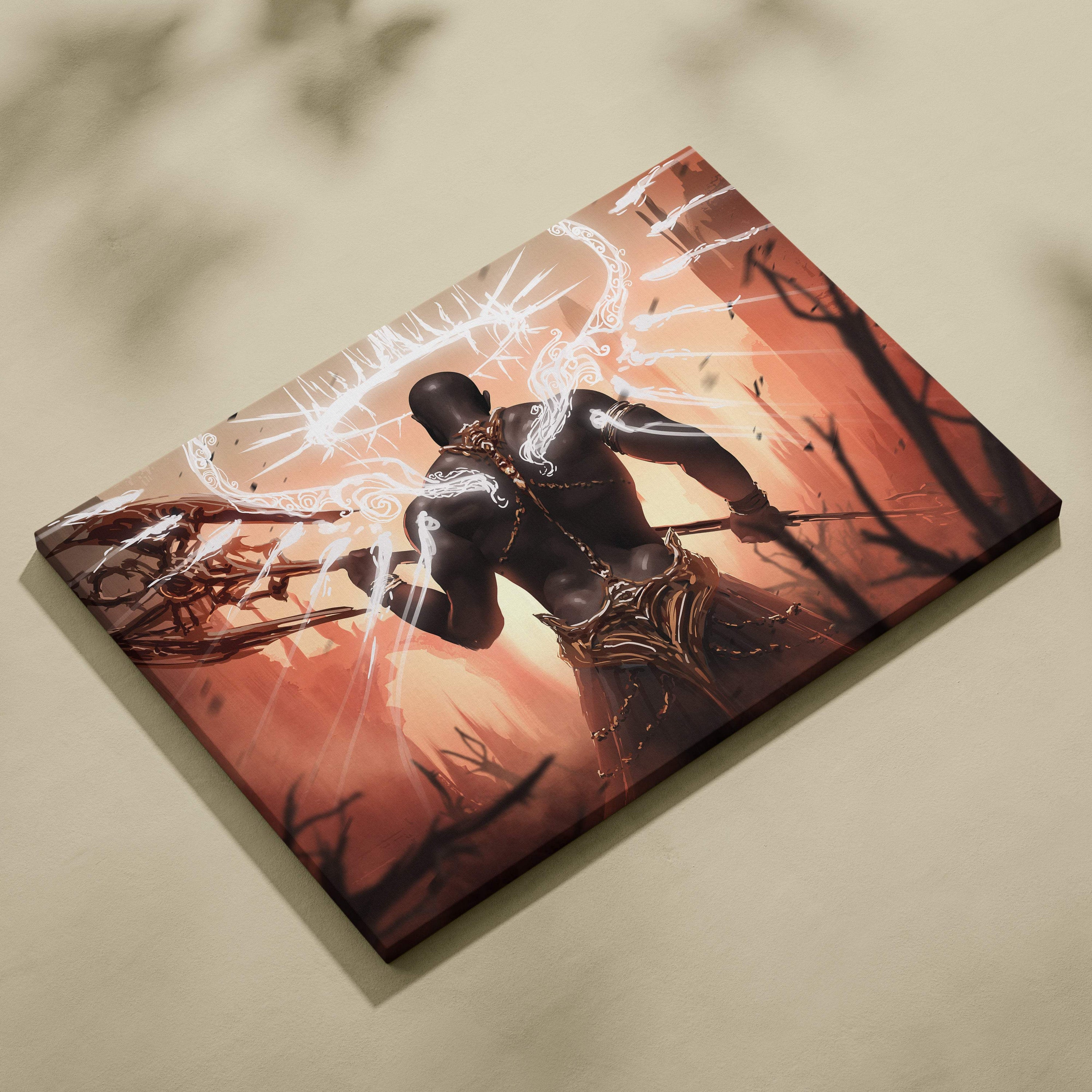 Dark angel warrior canvas wall art featuring a muscular warrior with glowing energy patterns against orange sky