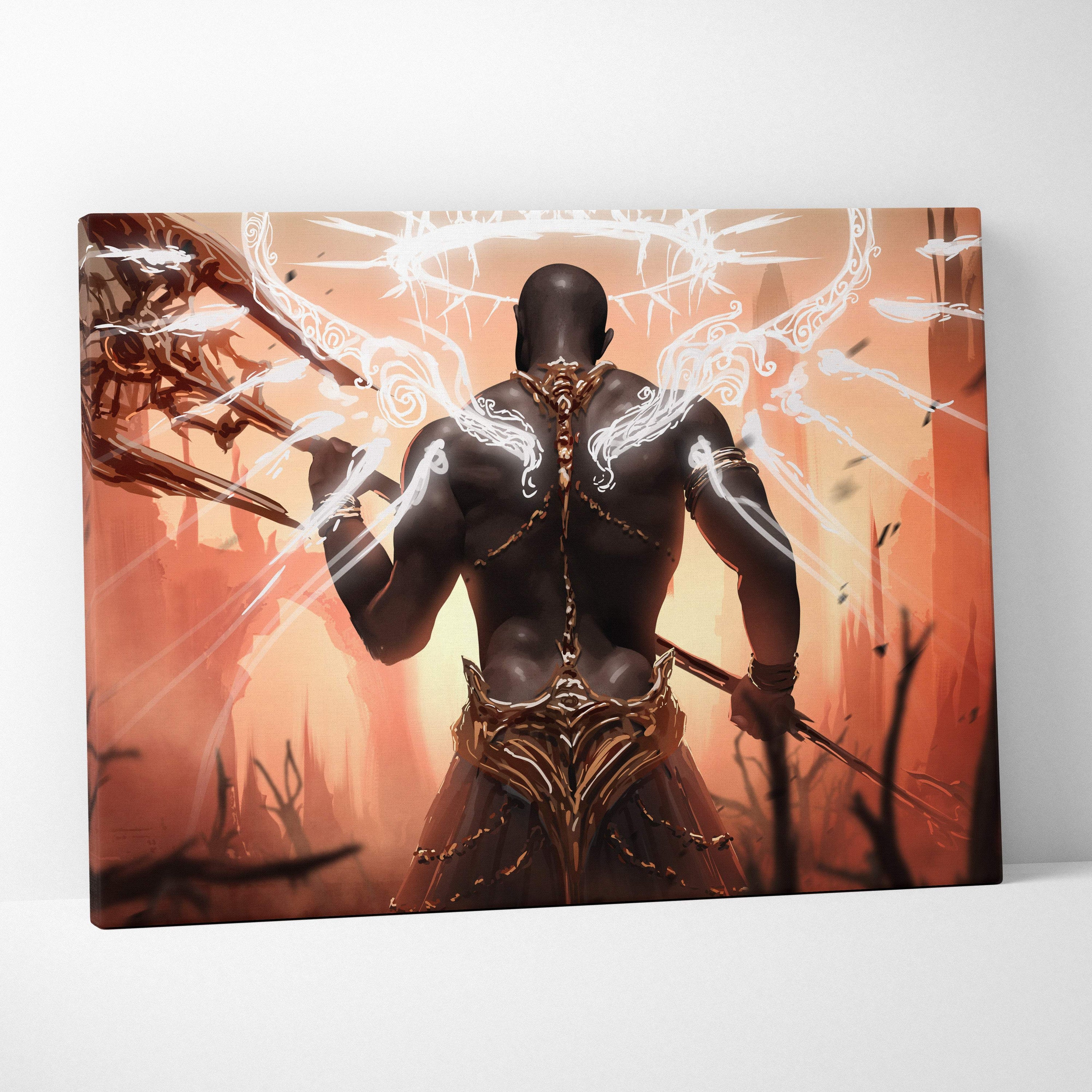 Canvas print of muscular dark-skinned warrior with glowing white wings and golden armor on fiery orange battlefield