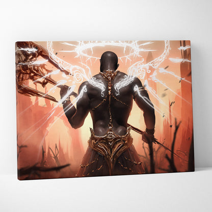Canvas print of muscular dark-skinned warrior with glowing white wings and golden armor on fiery orange battlefield