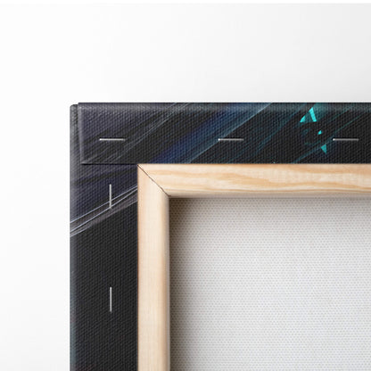 Light-colored wooden frame holding dark fantasy warrior canvas wall art with teal blue gothic geometric patterns