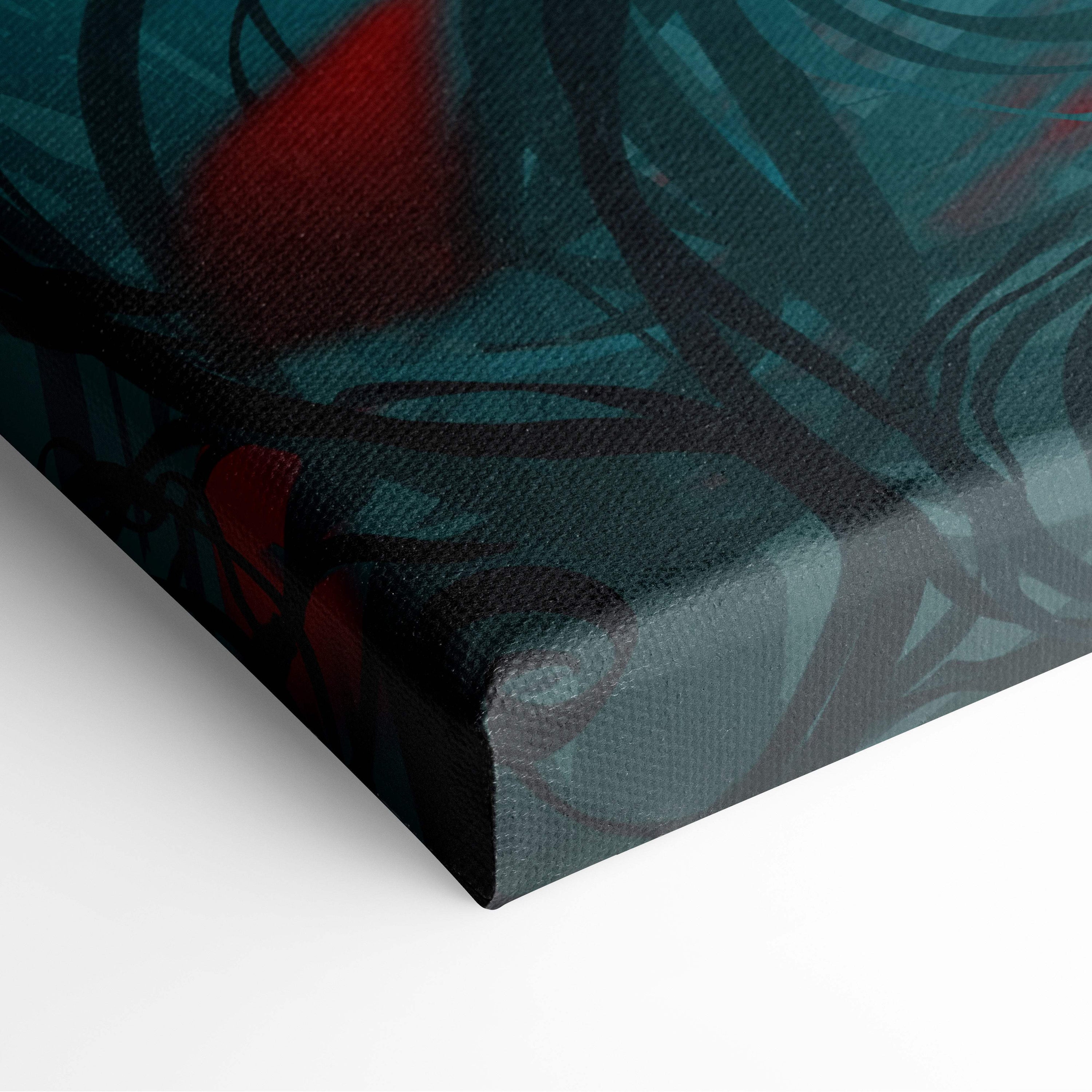 Dark fantasy warrior canvas wall art featuring teal and red abstract design with black brushstroke details