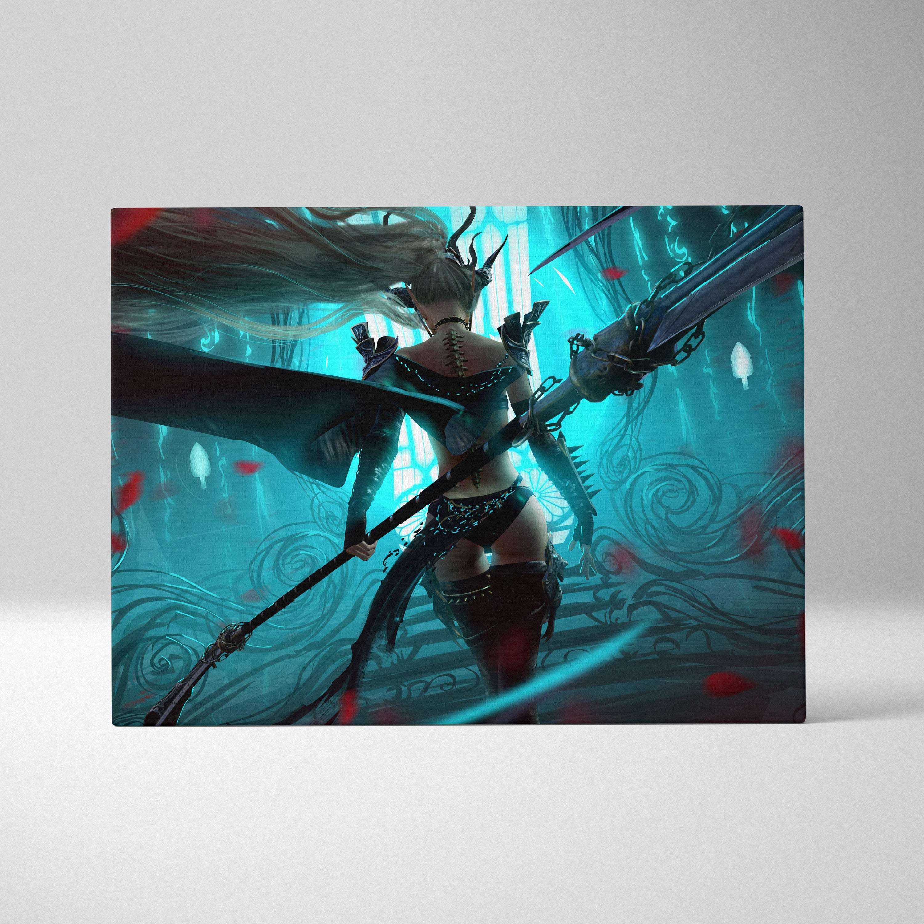 Dark fantasy warrior canvas wall art featuring a blonde female battle angel with dark armor and swords on teal red background