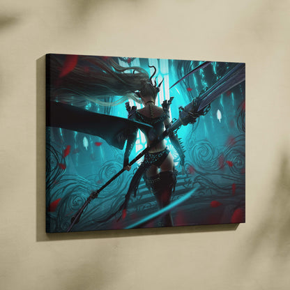 Dark fantasy warrior canvas wall art featuring a female battle angel with teal blue glowing weapons in dark armor