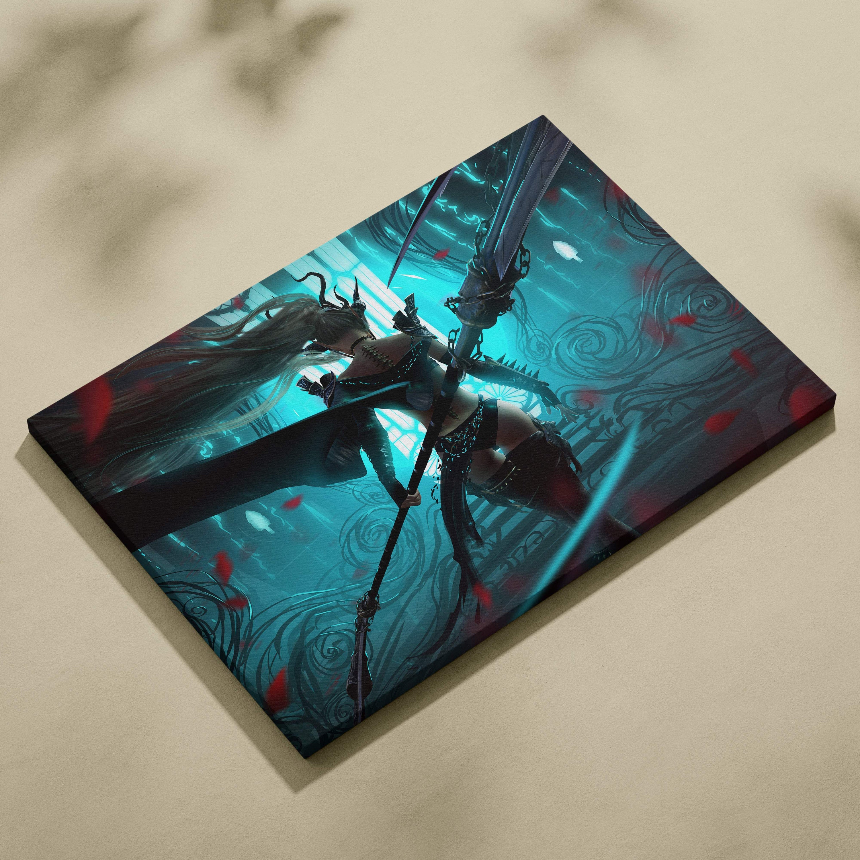 A rectangular canvas print of a dark fantasy warrior with glowing sword on teal and red gothic background wall art