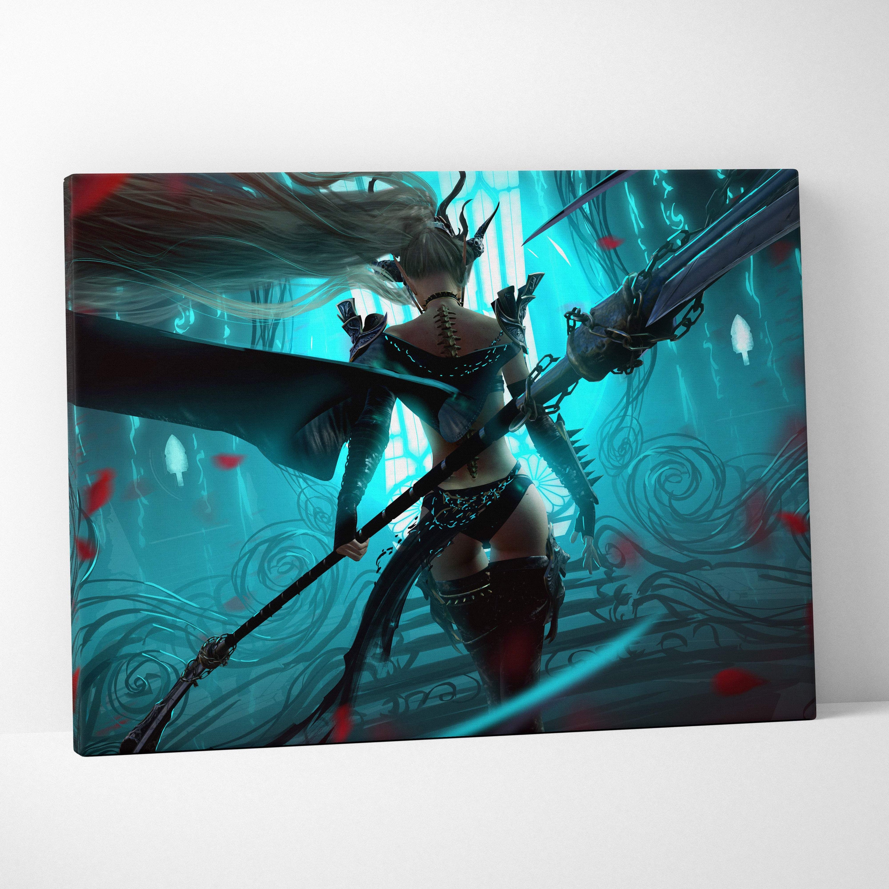 A framed canvas print of a dark fantasy warrior in dark armor with spear on a teal blue gothic background