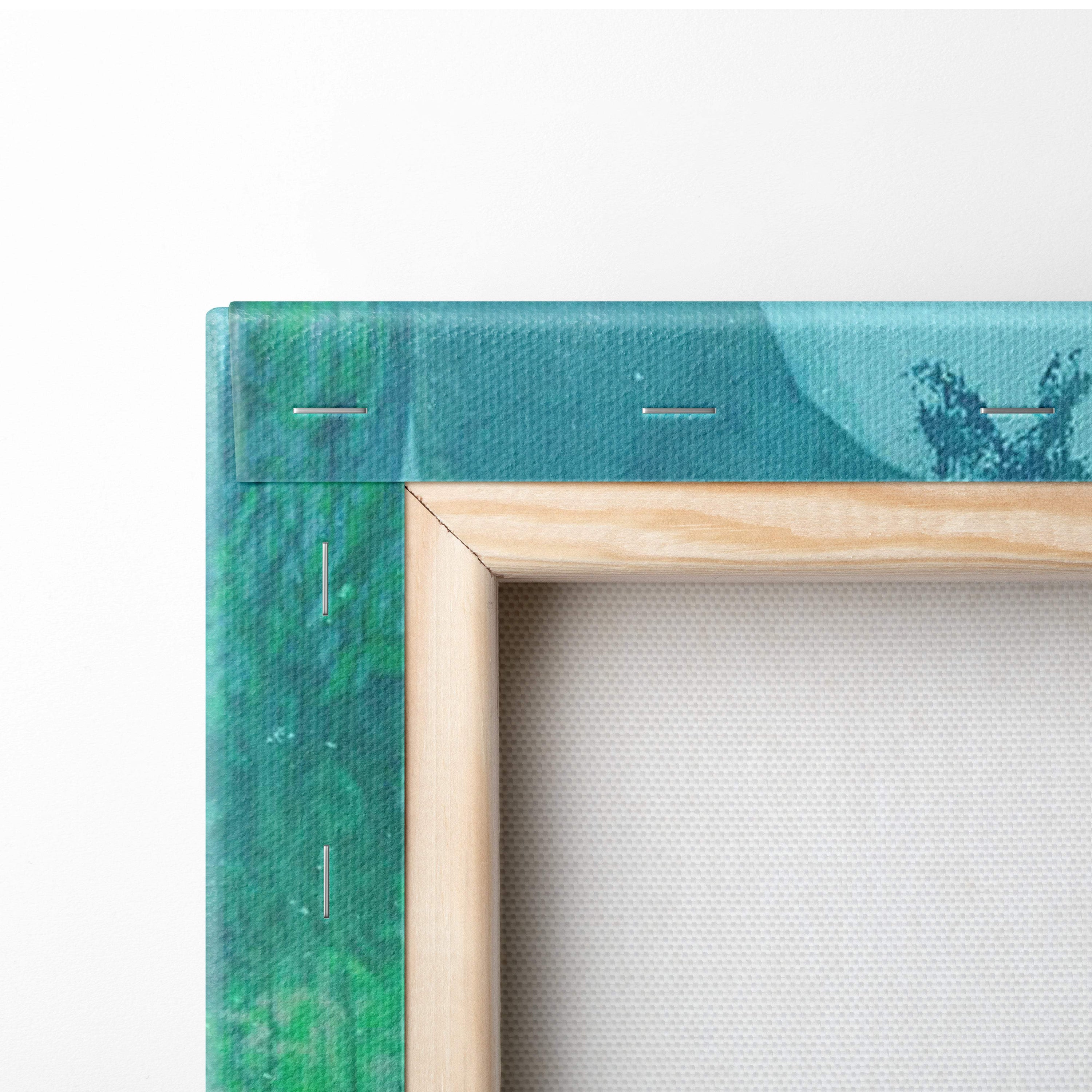 Teal and green abstract canvas print with light wood frame fantasy tree world mystical nature decor artwork