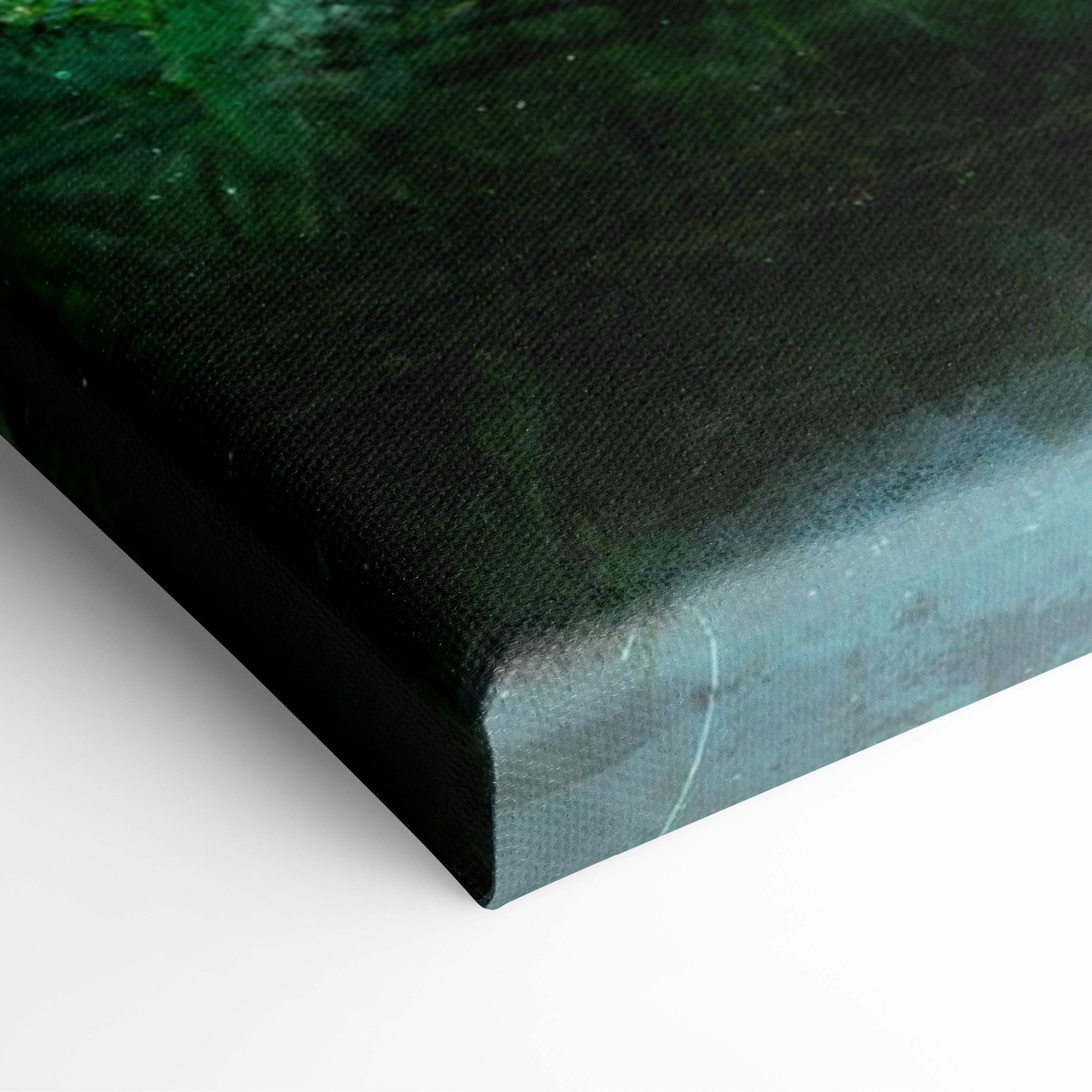 Fantasy tree world canvas print with dark green and black textured painted surface in mystical teal green hues