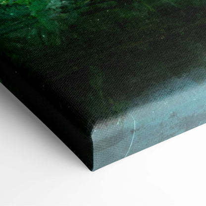 Fantasy tree world canvas print with dark green and black textured painted surface in mystical teal green hues